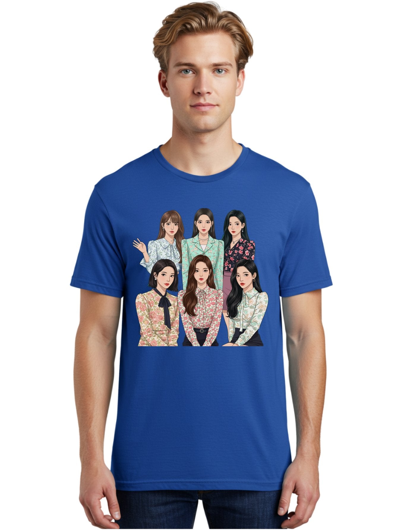 Girls-Generation Men'S Graphic Tee, 100% Cotton, Comfortable Casual Summer Wear, Machine Washable, K-Pop Group Illustration, Six Female Idols, Floral Blouses, Fashionable Outfits, Cartoon-Style Artwork, Long Black Hair, Stylish Poses, Bab961 28