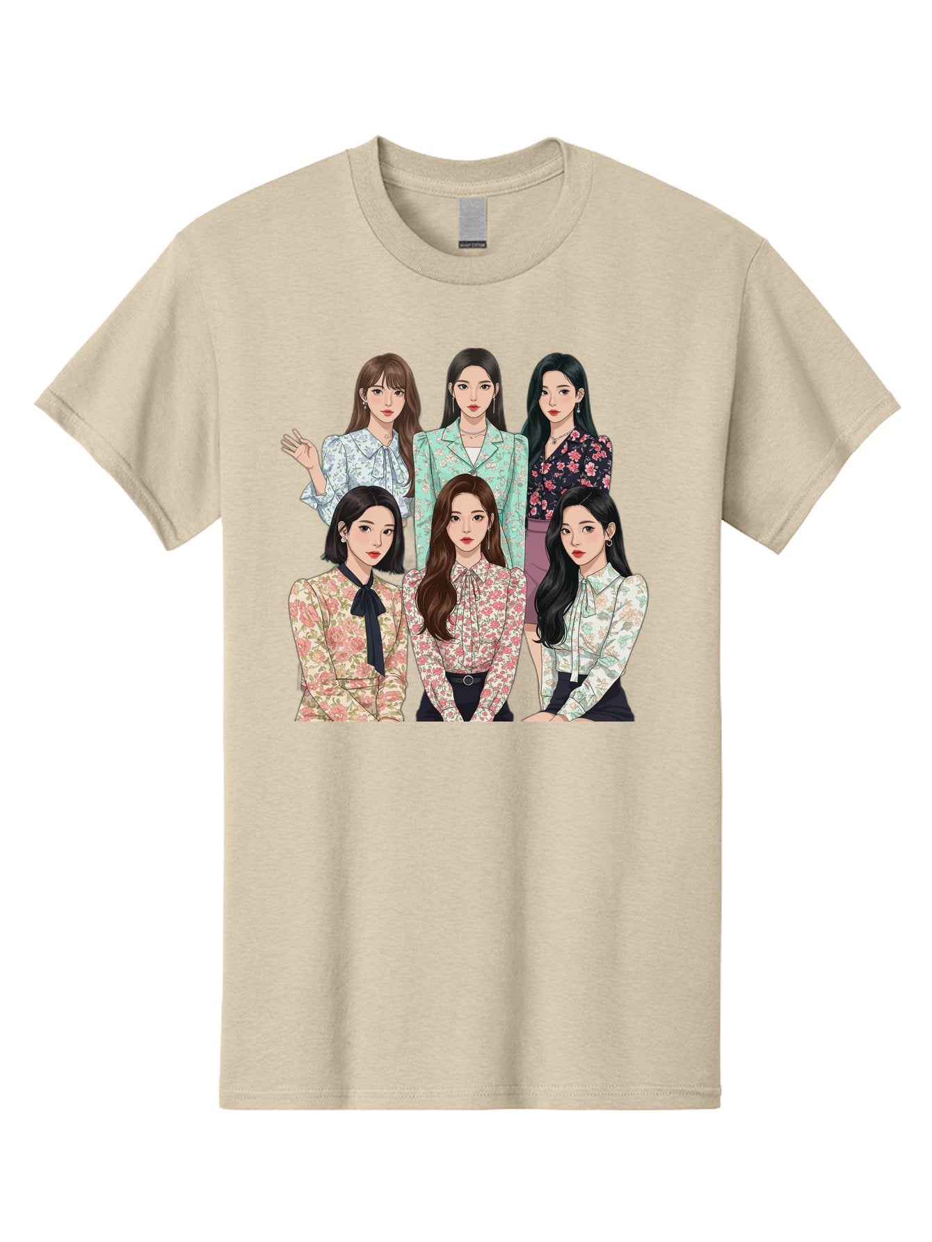 Girls-Generation Men'S Graphic Tee, 100% Cotton, Comfortable Casual Summer Wear, Machine Washable, K-Pop Group Illustration, Six Female Idols, Floral Blouses, Fashionable Outfits, Cartoon-Style Artwork, Long Black Hair, Stylish Poses, Bab961 13