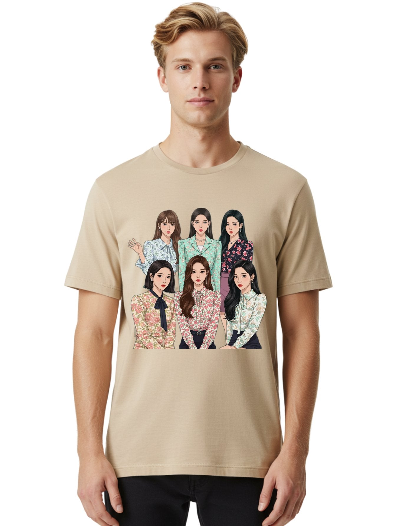 Girls-Generation Men'S Graphic Tee, 100% Cotton, Comfortable Casual Summer Wear, Machine Washable, K-Pop Group Illustration, Six Female Idols, Floral Blouses, Fashionable Outfits, Cartoon-Style Artwork, Long Black Hair, Stylish Poses, Bab961 20