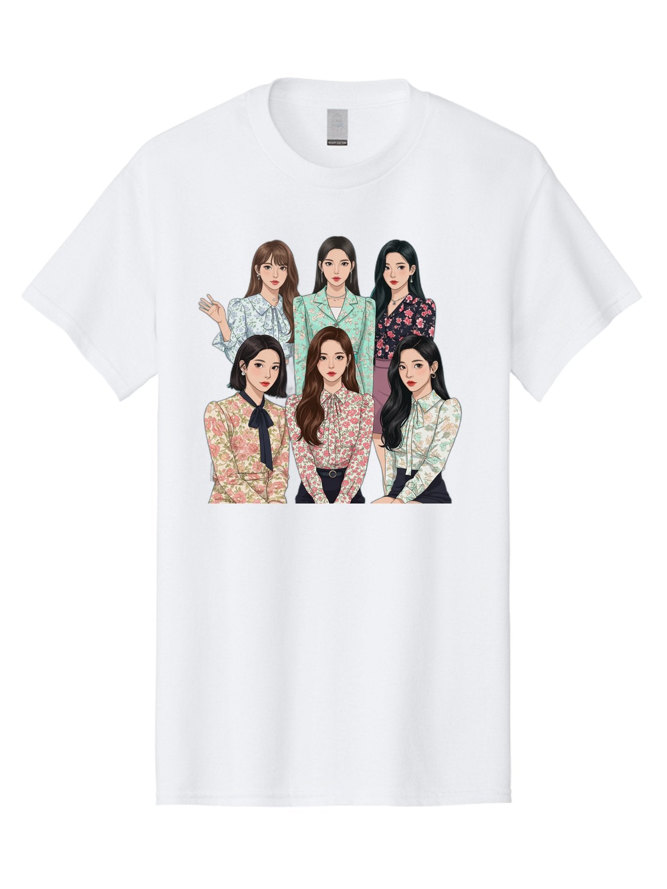 Girls-Generation Men'S Graphic Tee, 100% Cotton, Comfortable Casual Summer Wear, Machine Washable, K-Pop Group Illustration, Six Female Idols, Floral Blouses, Fashionable Outfits, Cartoon-Style Artwork, Long Black Hair, Stylish Poses, Bab961 3