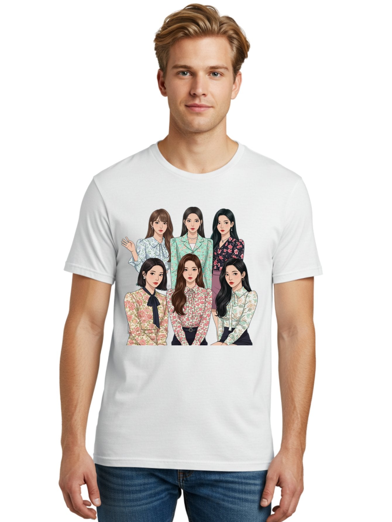 Girls-Generation Men'S Graphic Tee, 100% Cotton, Comfortable Casual Summer Wear, Machine Washable, K-Pop Group Illustration, Six Female Idols, Floral Blouses, Fashionable Outfits, Cartoon-Style Artwork, Long Black Hair, Stylish Poses, Bab961 22