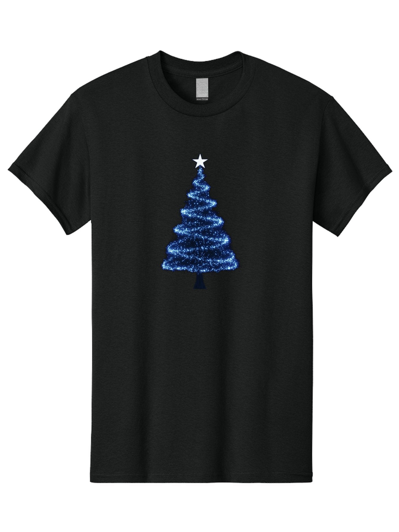 Glittering-Christmas-Tree Men'S Graphic Tee, 100% Cotton, Comfortable Casual Summer Wear, Machine Washable, Blue Christmas Tree, Dark Blue Decorations, Star On Top, Sparkling Lights, Festive Atmosphere, Holiday Season, Winter Wonderland, Bab962 15