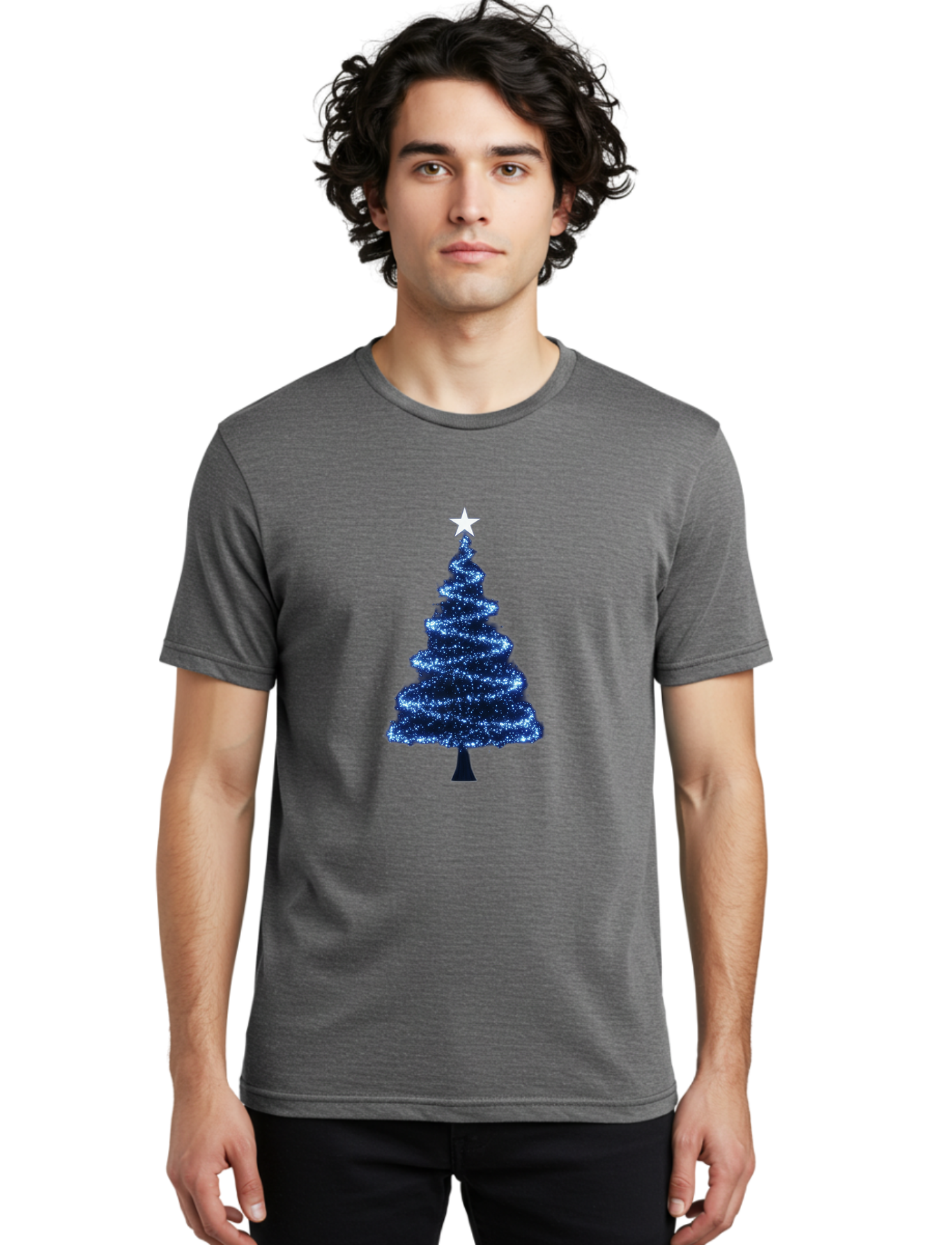 Glittering-Christmas-Tree Men'S Graphic Tee, 100% Cotton, Comfortable Casual Summer Wear, Machine Washable, Blue Christmas Tree, Dark Blue Decorations, Star On Top, Sparkling Lights, Festive Atmosphere, Holiday Season, Winter Wonderland, Bab962 29