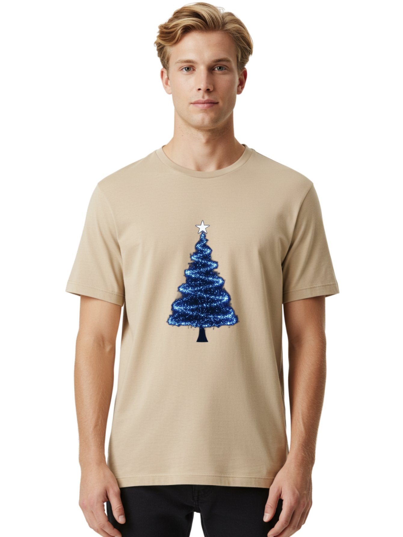 Glittering-Christmas-Tree Men'S Graphic Tee, 100% Cotton, Comfortable Casual Summer Wear, Machine Washable, Blue Christmas Tree, Dark Blue Decorations, Star On Top, Sparkling Lights, Festive Atmosphere, Holiday Season, Winter Wonderland, Bab962 16