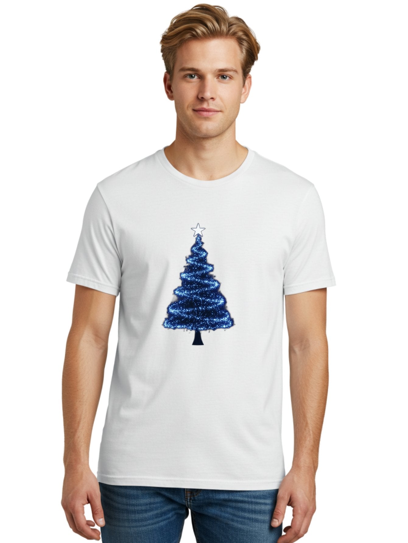 Glittering-Christmas-Tree Men'S Graphic Tee, 100% Cotton, Comfortable Casual Summer Wear, Machine Washable, Blue Christmas Tree, Dark Blue Decorations, Star On Top, Sparkling Lights, Festive Atmosphere, Holiday Season, Winter Wonderland, Bab962 21