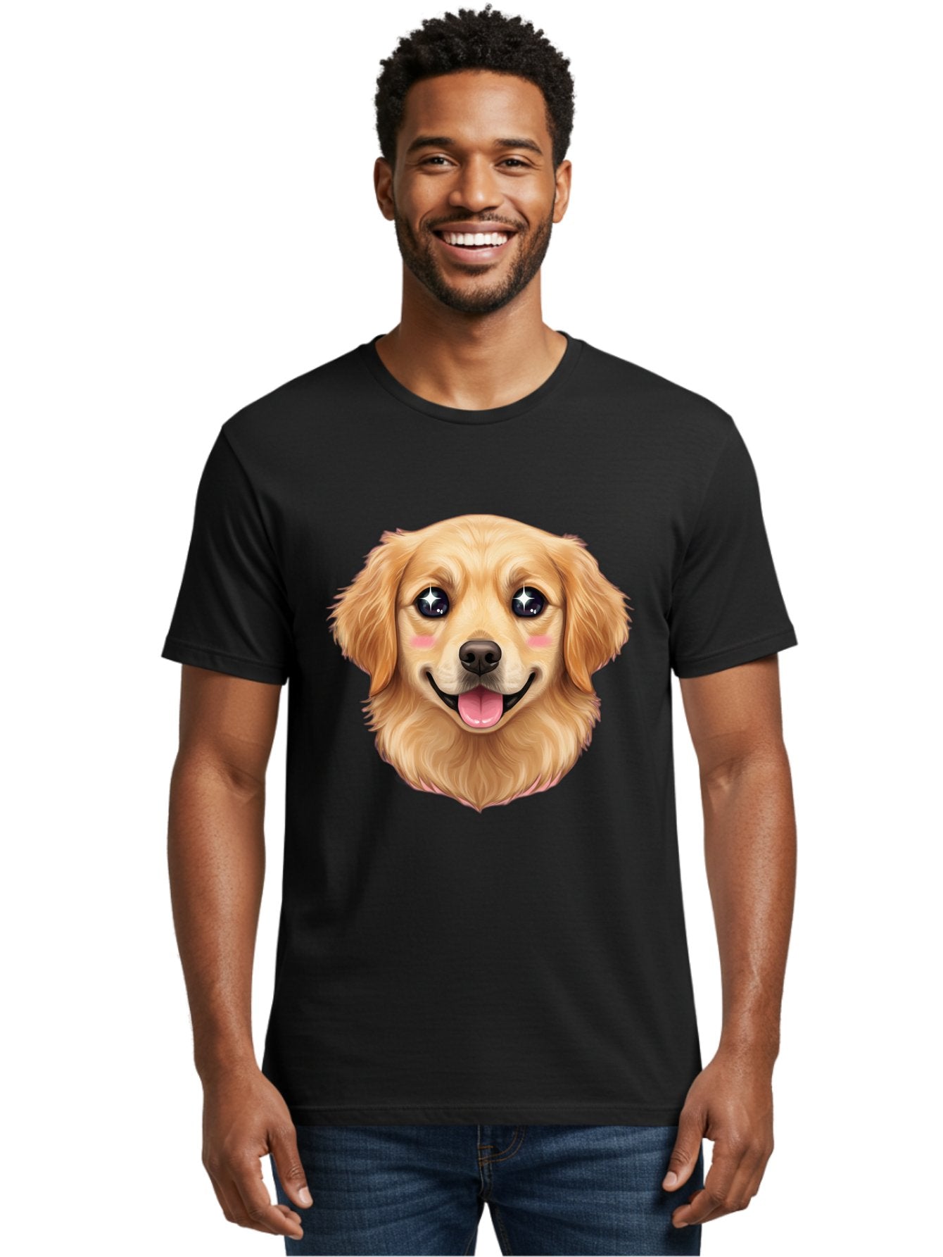 Golden-Dog-Head Men'S Graphic Tee, 100% Cotton, Comfortable Casual Summer Wear, Machine Washable, Cartoon Dog Face, Golden Retriever, Cute Dog, Dog Eyes, Sparkle Eyes, Happy Dog, Dog Smile, Playful Dog, Dog Illustration, Kawaii Dog, Bab964 29