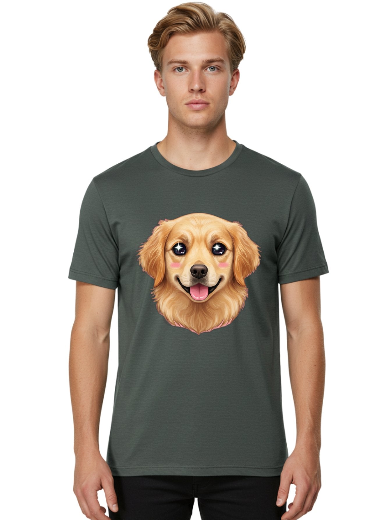 Golden-Dog-Head Men'S Graphic Tee, 100% Cotton, Comfortable Casual Summer Wear, Machine Washable, Cartoon Dog Face, Golden Retriever, Cute Dog, Dog Eyes, Sparkle Eyes, Happy Dog, Dog Smile, Playful Dog, Dog Illustration, Kawaii Dog, Bab964 28