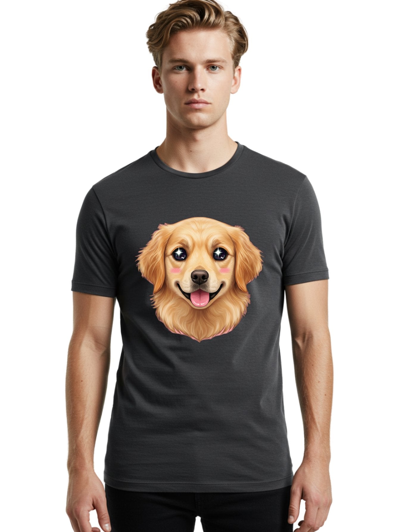 Golden-Dog-Head Men'S Graphic Tee, 100% Cotton, Comfortable Casual Summer Wear, Machine Washable, Cartoon Dog Face, Golden Retriever, Cute Dog, Dog Eyes, Sparkle Eyes, Happy Dog, Dog Smile, Playful Dog, Dog Illustration, Kawaii Dog, Bab964 25