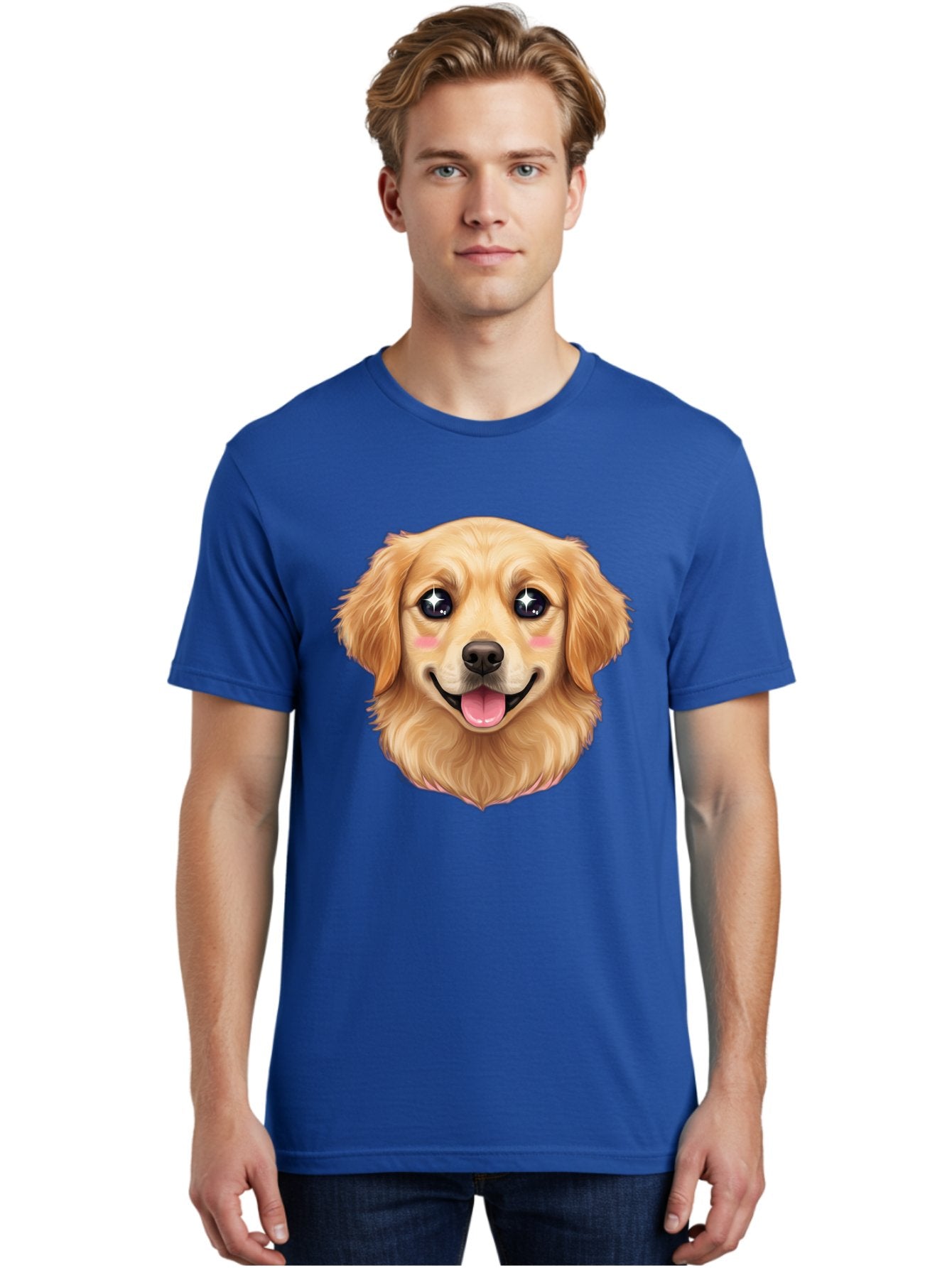 Golden-Dog-Head Men'S Graphic Tee, 100% Cotton, Comfortable Casual Summer Wear, Machine Washable, Cartoon Dog Face, Golden Retriever, Cute Dog, Dog Eyes, Sparkle Eyes, Happy Dog, Dog Smile, Playful Dog, Dog Illustration, Kawaii Dog, Bab964 19