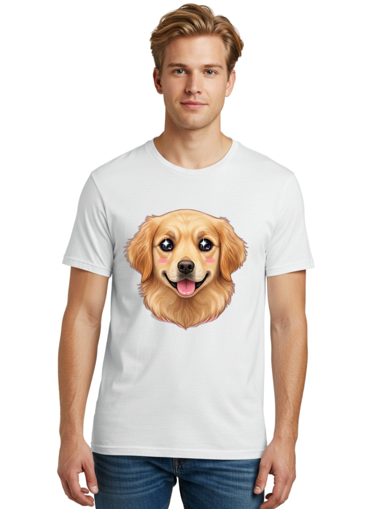 Golden-Dog-Head Men'S Graphic Tee, 100% Cotton, Comfortable Casual Summer Wear, Machine Washable, Cartoon Dog Face, Golden Retriever, Cute Dog, Dog Eyes, Sparkle Eyes, Happy Dog, Dog Smile, Playful Dog, Dog Illustration, Kawaii Dog, Bab964 18