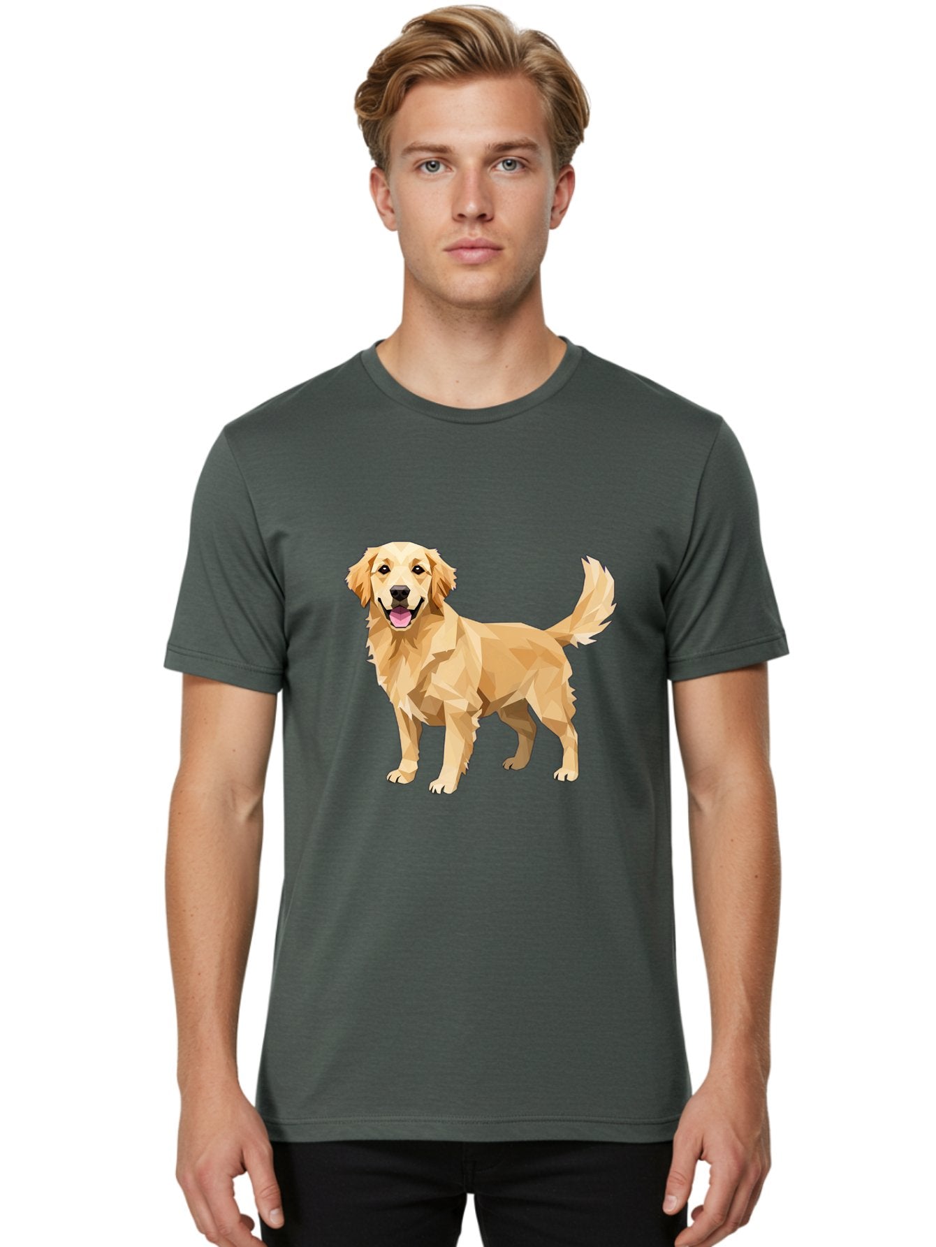 Golden-Retriever-12 Men'S Graphic Tee, 100% Cotton, Comfortable Casual Summer Wear, Machine Washable, Golden Retriever Dog, Happy Canine, Low Poly Art, Dog Illustration, Friendly Dog, Dog Graphics, Pet Illustration, Cute Dog Bab969 19