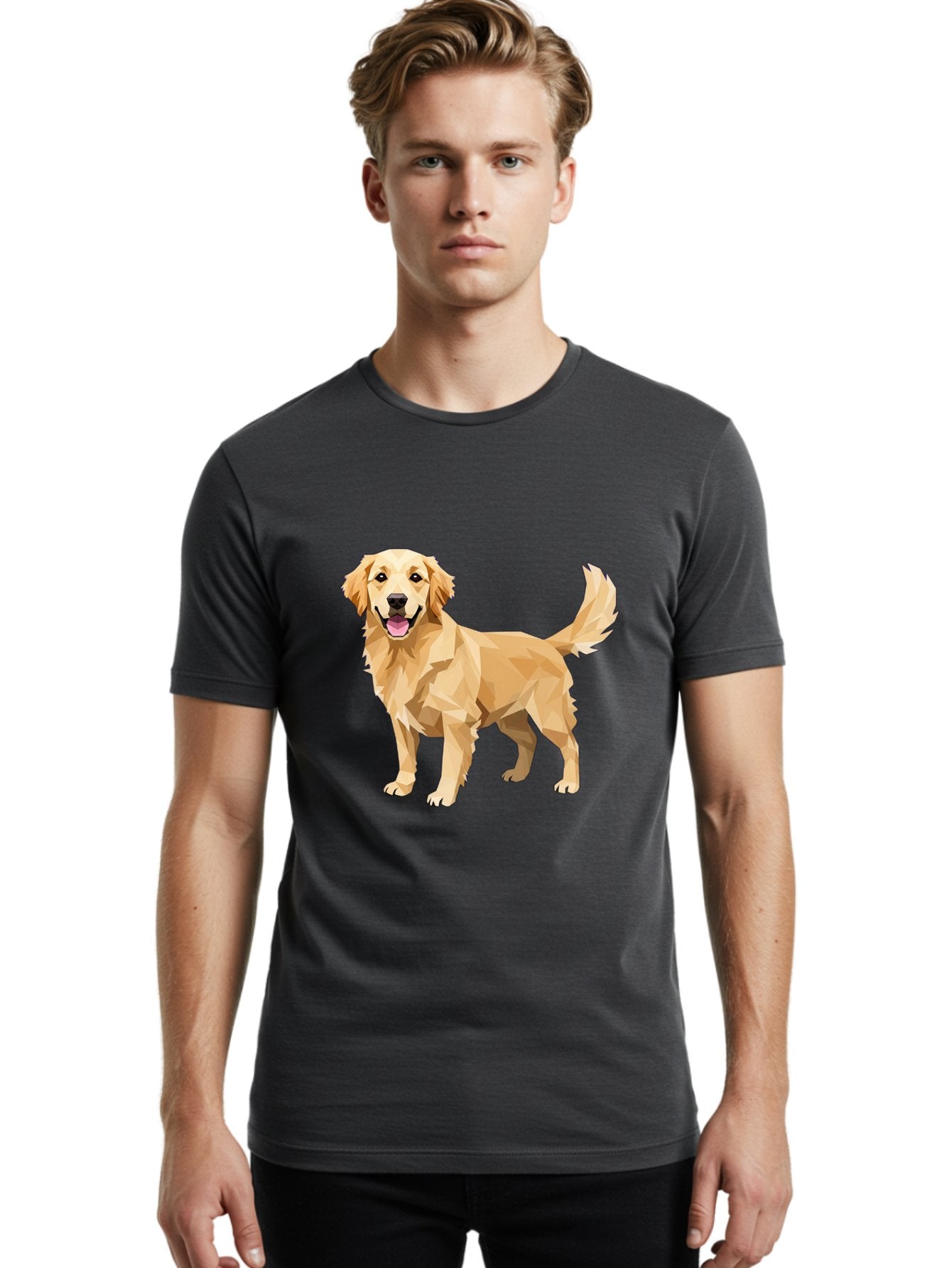 Golden-Retriever-12 Men'S Graphic Tee, 100% Cotton, Comfortable Casual Summer Wear, Machine Washable, Golden Retriever Dog, Happy Canine, Low Poly Art, Dog Illustration, Friendly Dog, Dog Graphics, Pet Illustration, Cute Dog Bab969 17