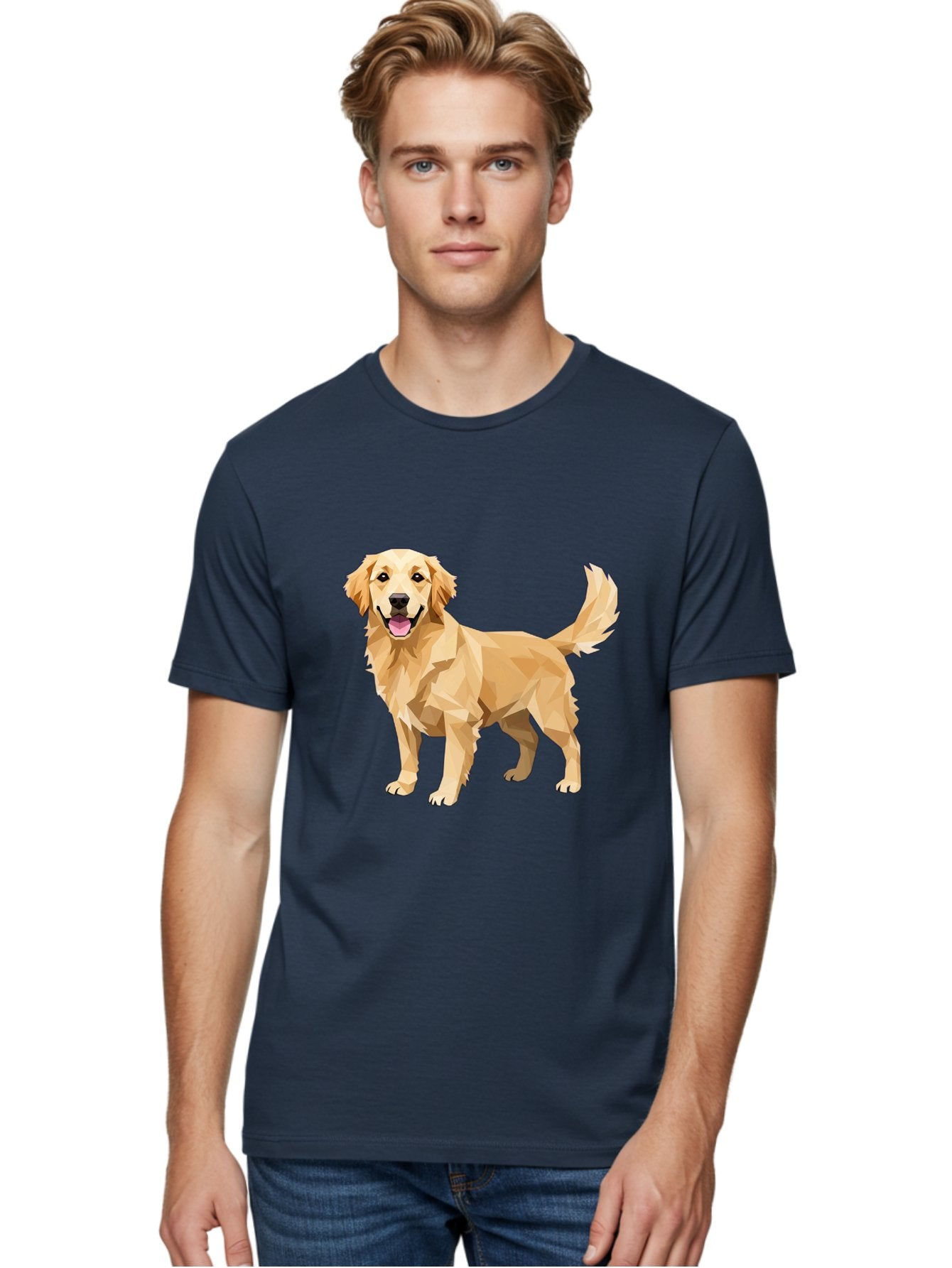 Golden-Retriever-12 Men'S Graphic Tee, 100% Cotton, Comfortable Casual Summer Wear, Machine Washable, Golden Retriever Dog, Happy Canine, Low Poly Art, Dog Illustration, Friendly Dog, Dog Graphics, Pet Illustration, Cute Dog Bab969 18