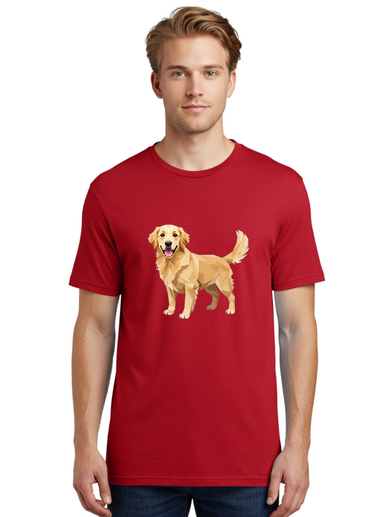 Golden-Retriever-12 Men'S Graphic Tee, 100% Cotton, Comfortable Casual Summer Wear, Machine Washable, Golden Retriever Dog, Happy Canine, Low Poly Art, Dog Illustration, Friendly Dog, Dog Graphics, Pet Illustration, Cute Dog Bab969 24