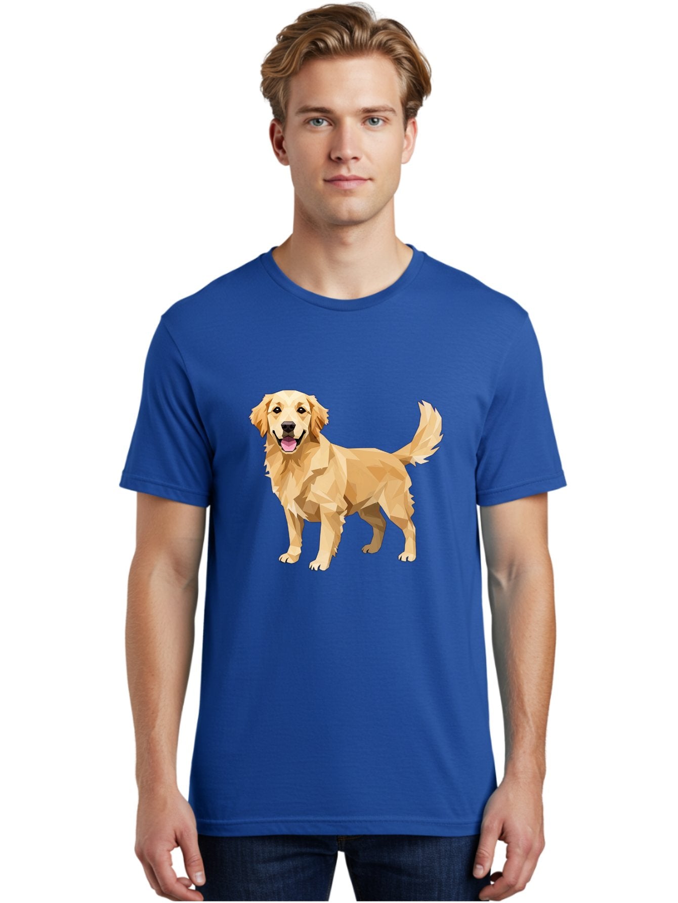 Golden-Retriever-12 Men'S Graphic Tee, 100% Cotton, Comfortable Casual Summer Wear, Machine Washable, Golden Retriever Dog, Happy Canine, Low Poly Art, Dog Illustration, Friendly Dog, Dog Graphics, Pet Illustration, Cute Dog Bab969 20