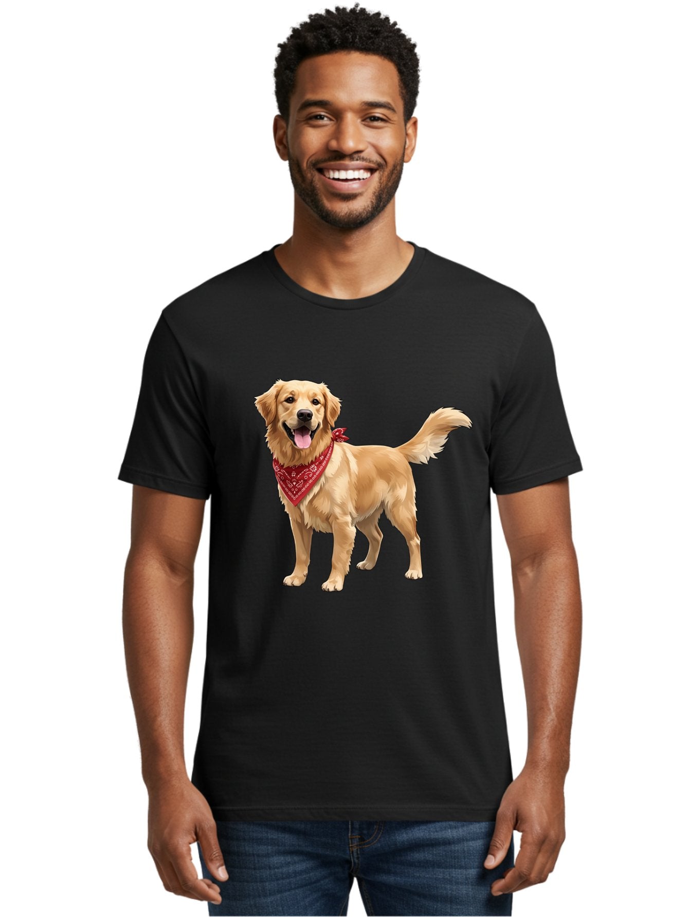Golden-Retriever-14 Men'S Graphic Tee, 100% Cotton, Comfortable Casual Summer Wear, Machine Washable, Golden Retriever Dog, Red Bandana, Happy Dog, Friendly Pet, Canine Companion, Dog Illustration, Adorable Animal, Pet Portrait, Bab971 23