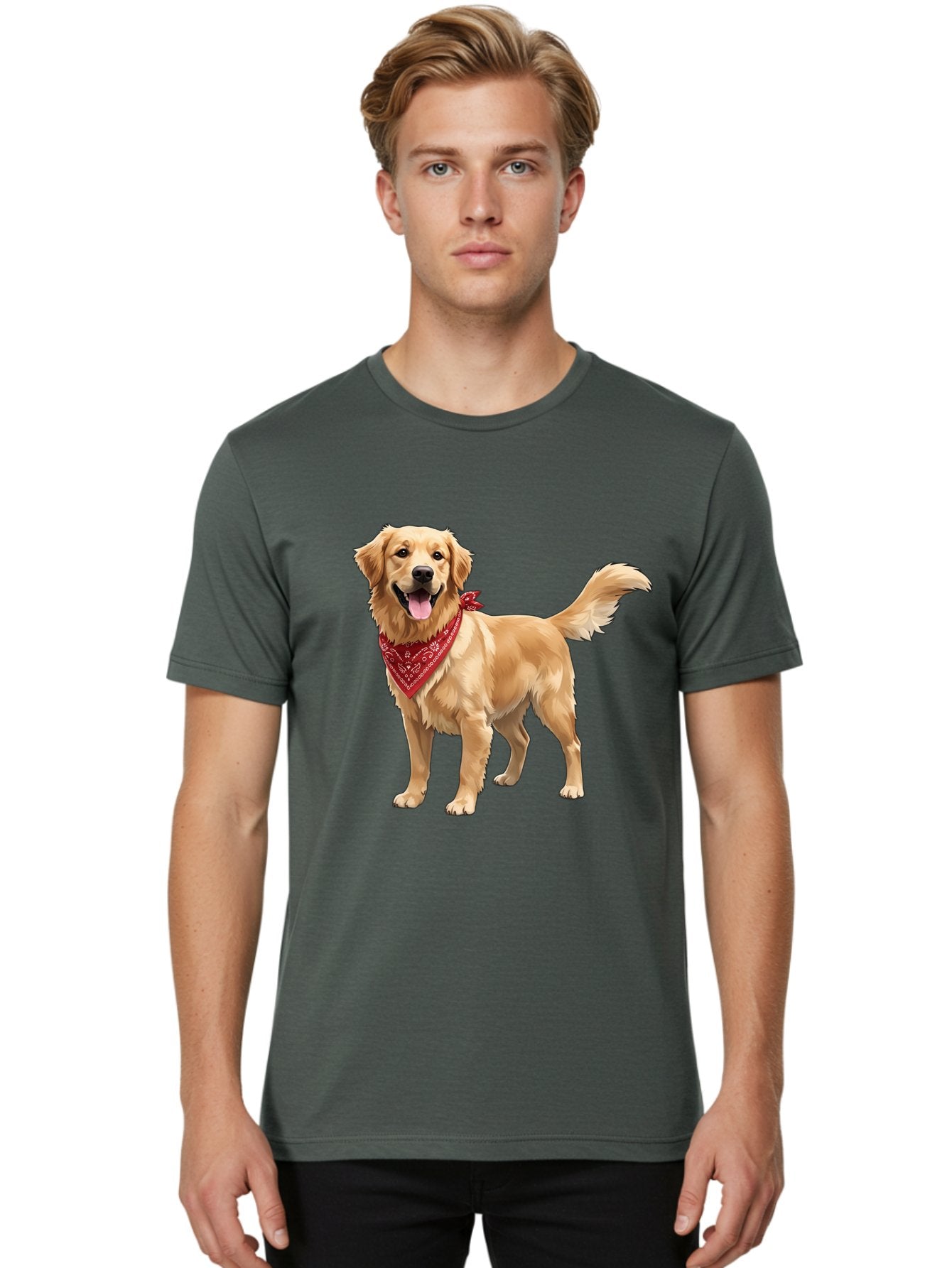 Golden-Retriever-14 Men'S Graphic Tee, 100% Cotton, Comfortable Casual Summer Wear, Machine Washable, Golden Retriever Dog, Red Bandana, Happy Dog, Friendly Pet, Canine Companion, Dog Illustration, Adorable Animal, Pet Portrait, Bab971 19
