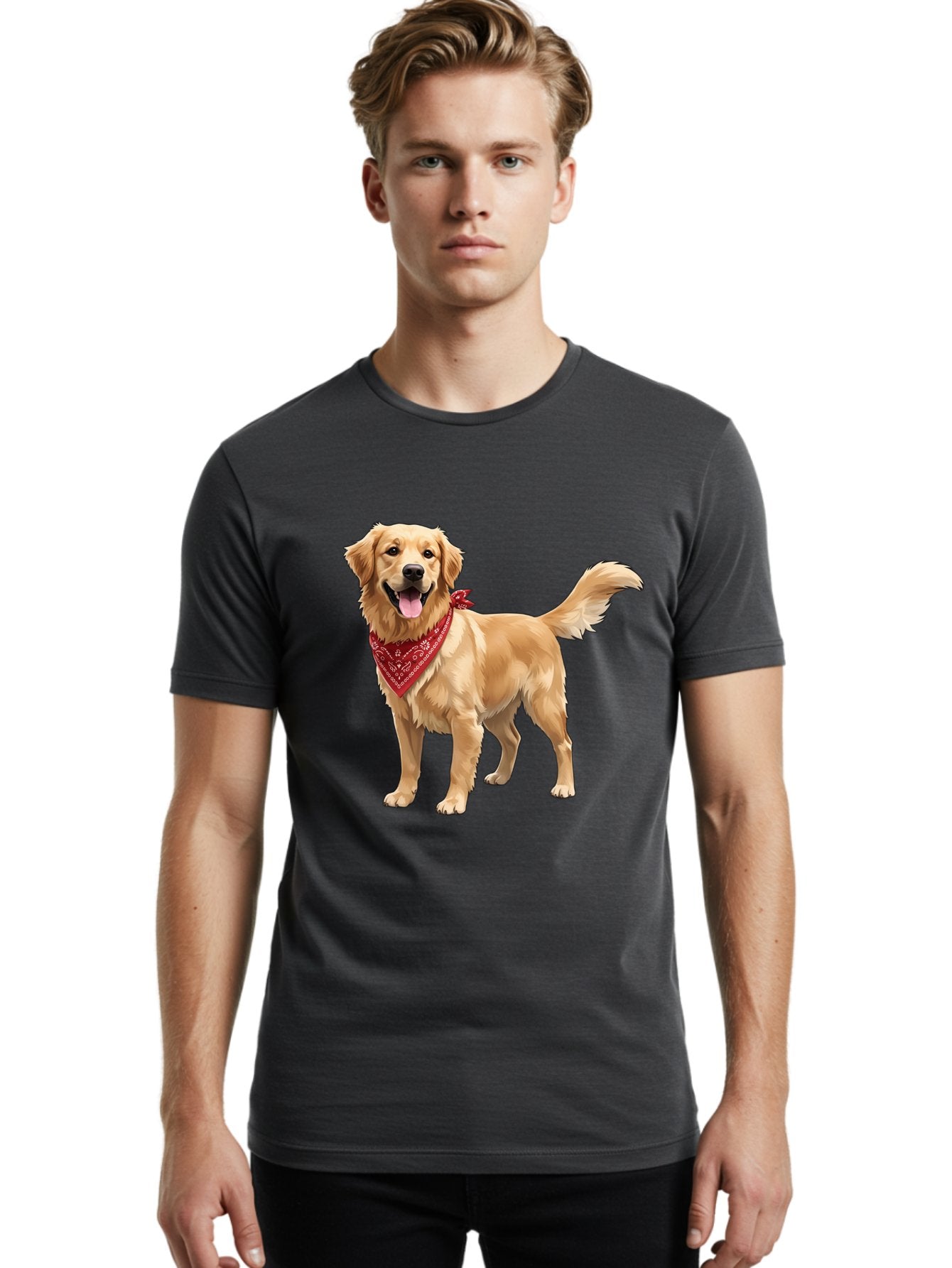 Golden-Retriever-14 Men'S Graphic Tee, 100% Cotton, Comfortable Casual Summer Wear, Machine Washable, Golden Retriever Dog, Red Bandana, Happy Dog, Friendly Pet, Canine Companion, Dog Illustration, Adorable Animal, Pet Portrait, Bab971 24