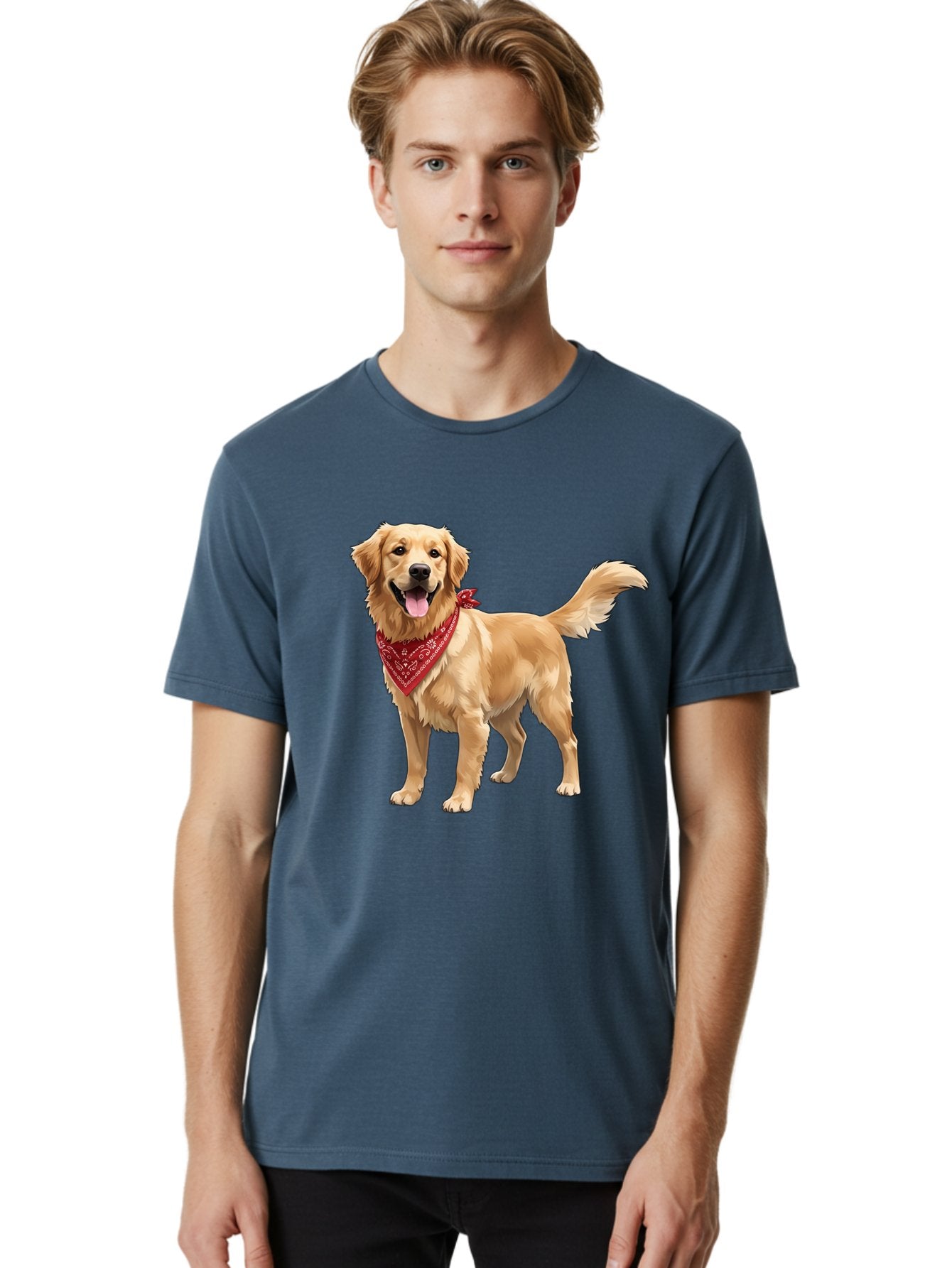 Golden-Retriever-14 Men'S Graphic Tee, 100% Cotton, Comfortable Casual Summer Wear, Machine Washable, Golden Retriever Dog, Red Bandana, Happy Dog, Friendly Pet, Canine Companion, Dog Illustration, Adorable Animal, Pet Portrait, Bab971 20