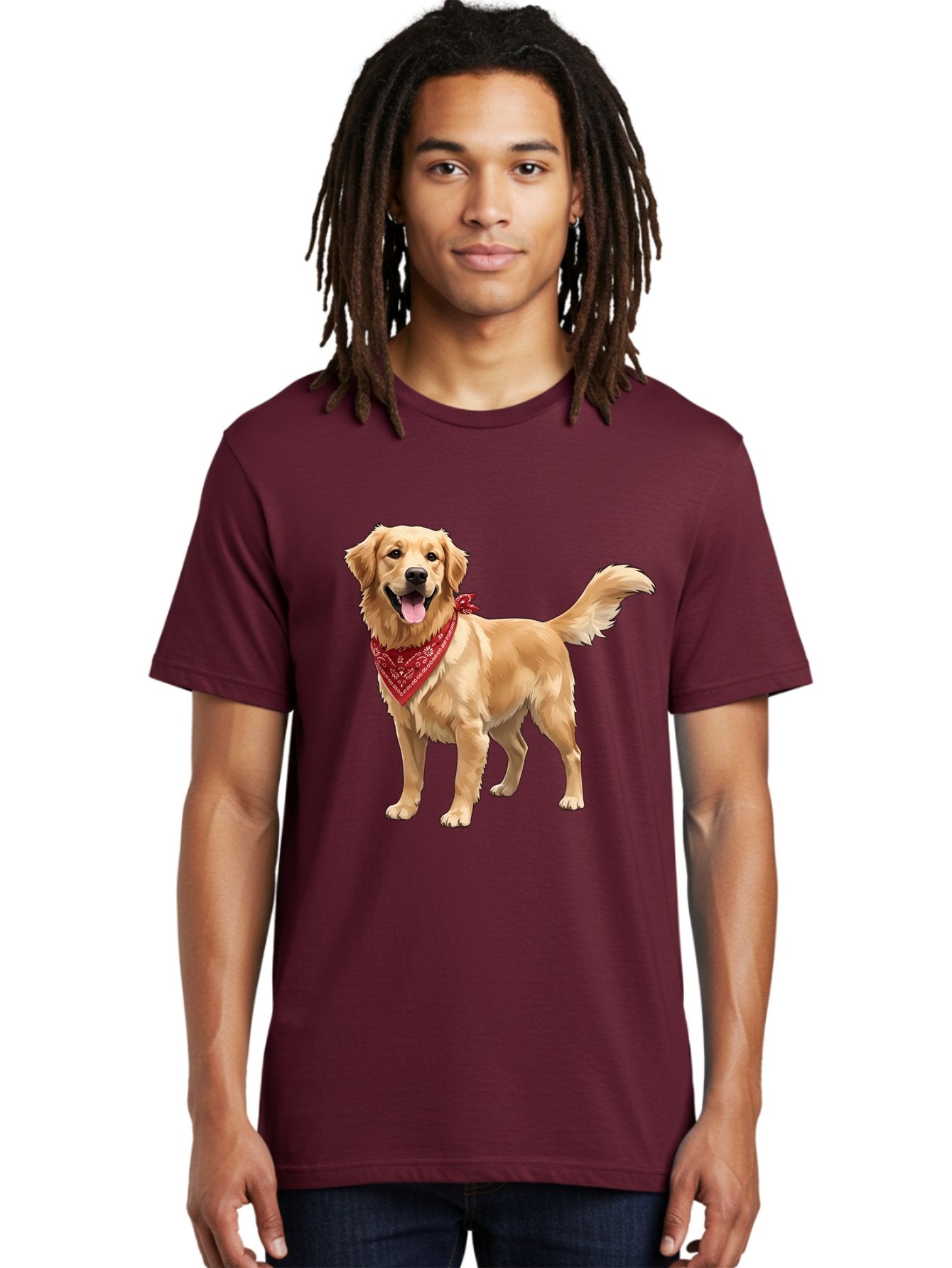 Golden-Retriever-14 Men'S Graphic Tee, 100% Cotton, Comfortable Casual Summer Wear, Machine Washable, Golden Retriever Dog, Red Bandana, Happy Dog, Friendly Pet, Canine Companion, Dog Illustration, Adorable Animal, Pet Portrait, Bab971 18