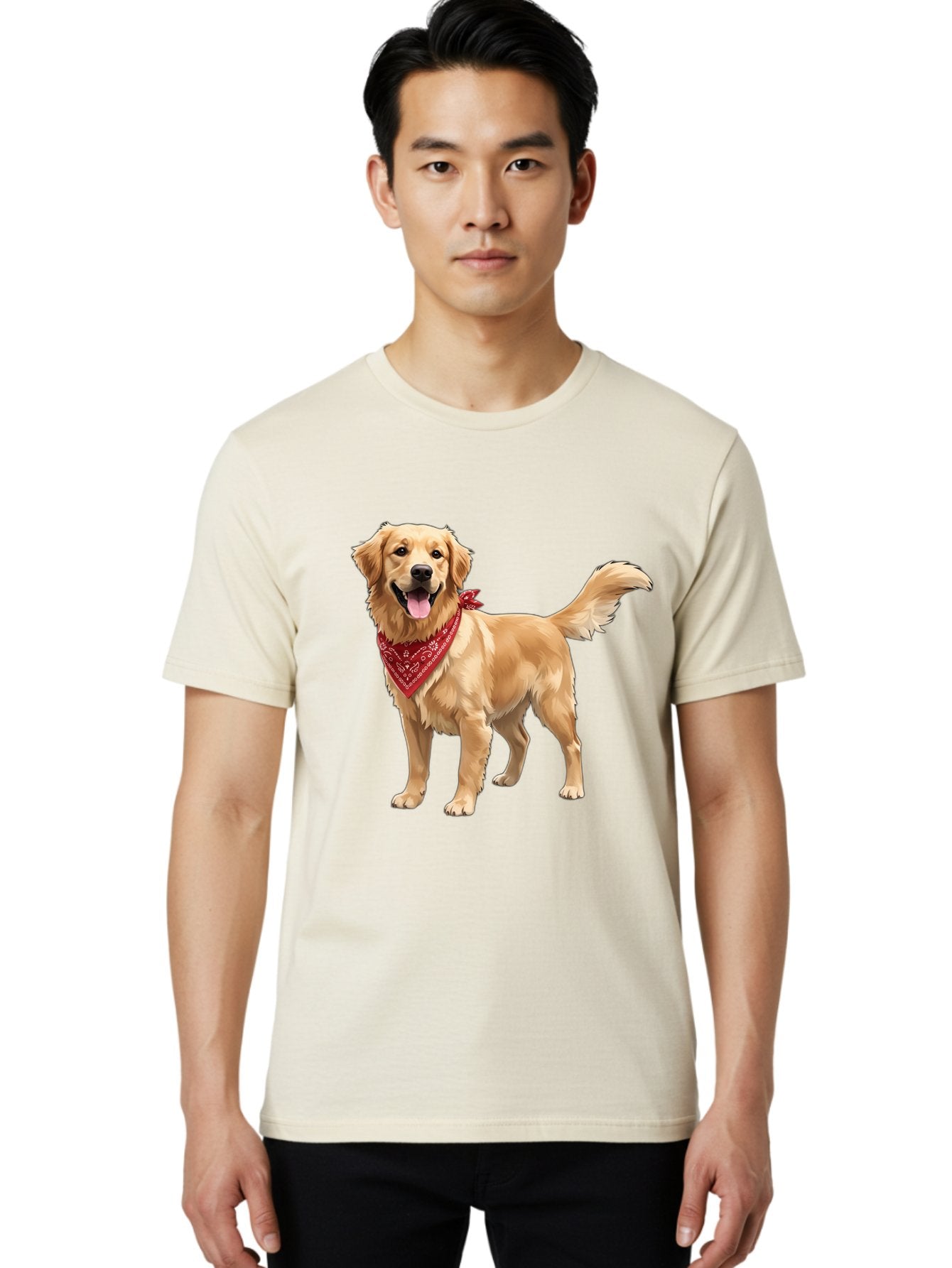 Golden-Retriever-14 Men'S Graphic Tee, 100% Cotton, Comfortable Casual Summer Wear, Machine Washable, Golden Retriever Dog, Red Bandana, Happy Dog, Friendly Pet, Canine Companion, Dog Illustration, Adorable Animal, Pet Portrait, Bab971 21