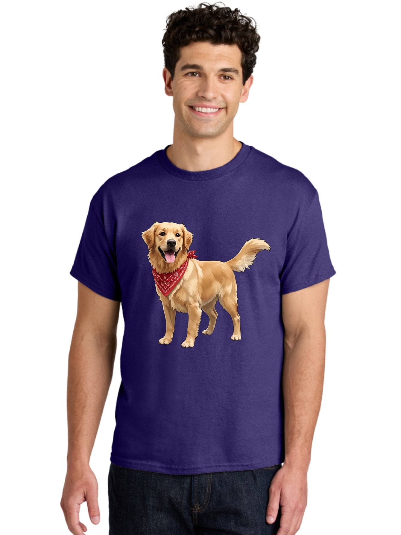 Golden-Retriever-14 Men'S Graphic Tee, 100% Cotton, Comfortable Casual Summer Wear, Machine Washable, Golden Retriever Dog, Red Bandana, Happy Dog, Friendly Pet, Canine Companion, Dog Illustration, Adorable Animal, Pet Portrait, Bab971 16