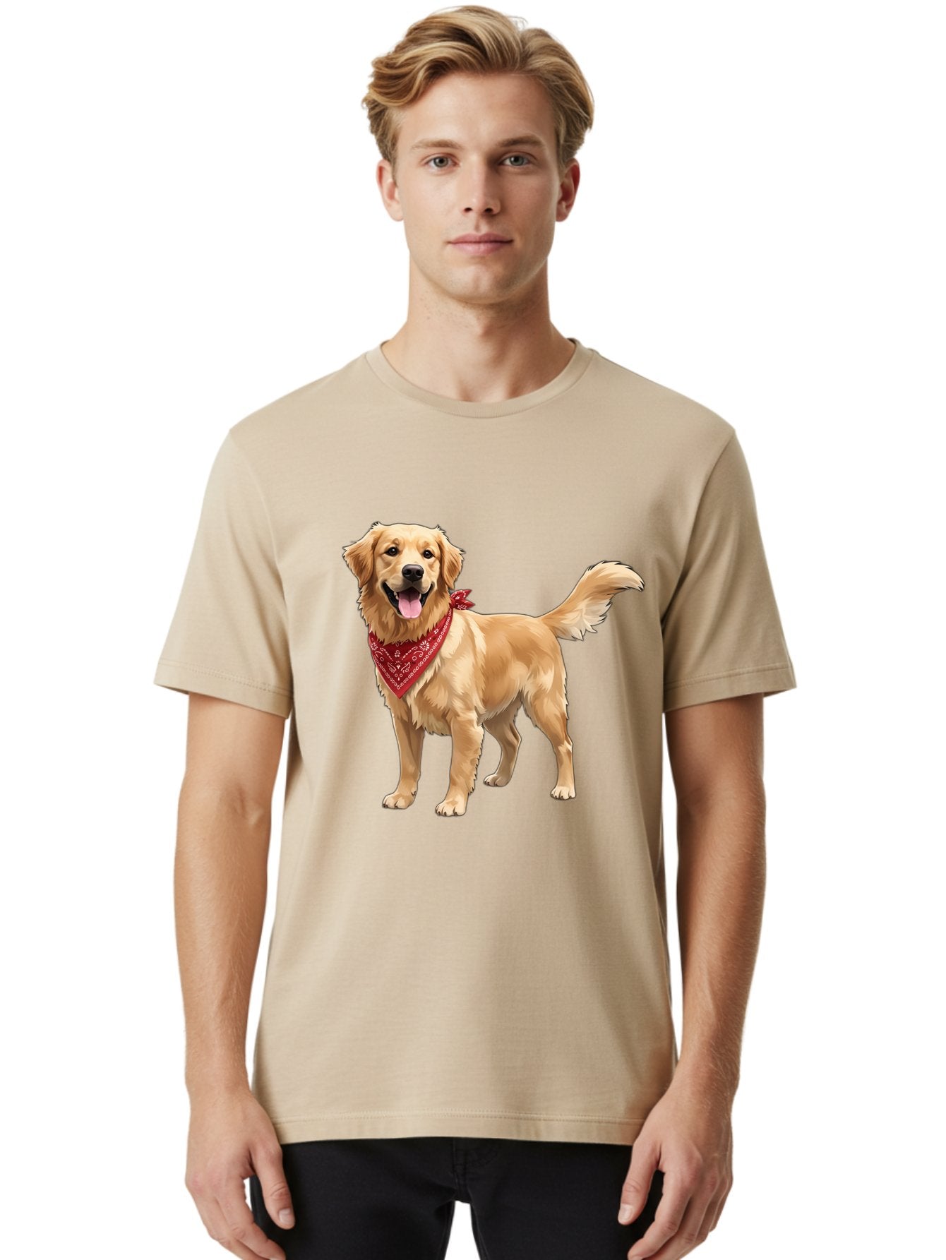 Golden-Retriever-14 Men'S Graphic Tee, 100% Cotton, Comfortable Casual Summer Wear, Machine Washable, Golden Retriever Dog, Red Bandana, Happy Dog, Friendly Pet, Canine Companion, Dog Illustration, Adorable Animal, Pet Portrait, Bab971 28