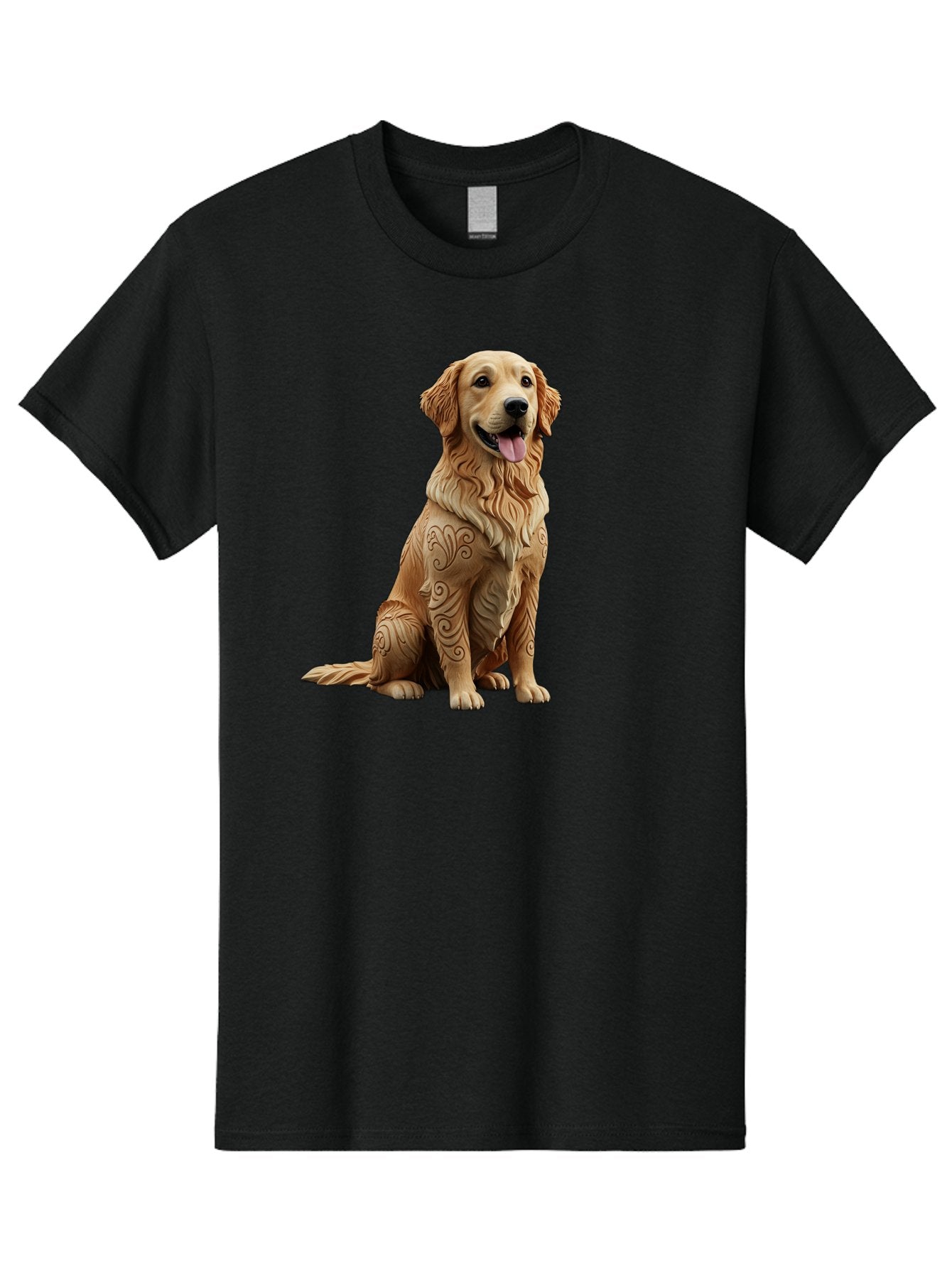 Golden-Retriever-2 Men'S Graphic Tee, 100% Cotton, Comfortable Casual Summer Wear, Machine Washable, Golden Retriever Dog, Carved Wooden Dog, Intricate Designs, Carved Patterns, Wooden Texture, Dog Figurine, Sitting Dog, Happy Dog, Bab976 8