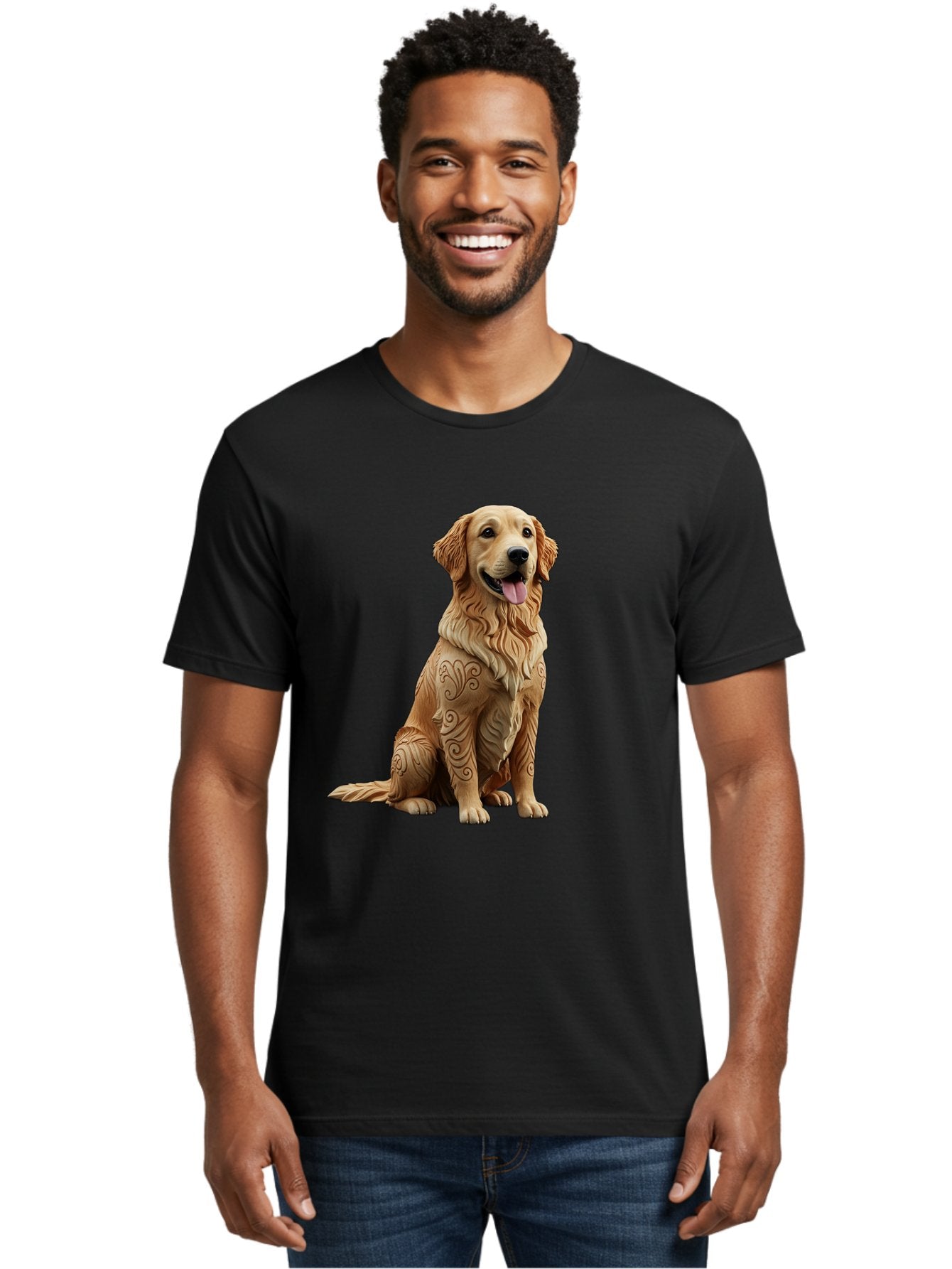 Golden-Retriever-2 Men'S Graphic Tee, 100% Cotton, Comfortable Casual Summer Wear, Machine Washable, Golden Retriever Dog, Carved Wooden Dog, Intricate Designs, Carved Patterns, Wooden Texture, Dog Figurine, Sitting Dog, Happy Dog, Bab976 25