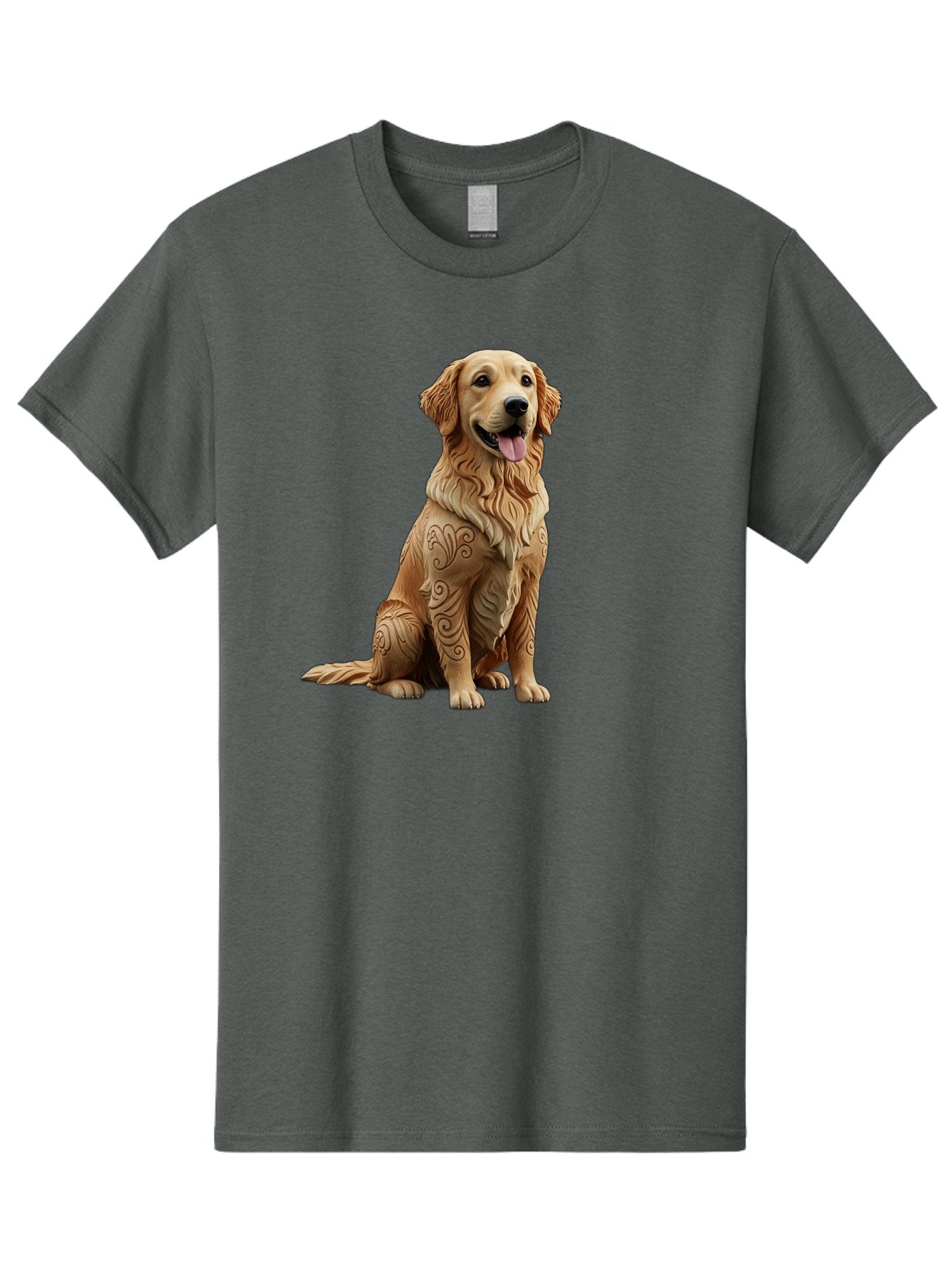 Golden-Retriever-2 Men'S Graphic Tee, 100% Cotton, Comfortable Casual Summer Wear, Machine Washable, Golden Retriever Dog, Carved Wooden Dog, Intricate Designs, Carved Patterns, Wooden Texture, Dog Figurine, Sitting Dog, Happy Dog, Bab976 13