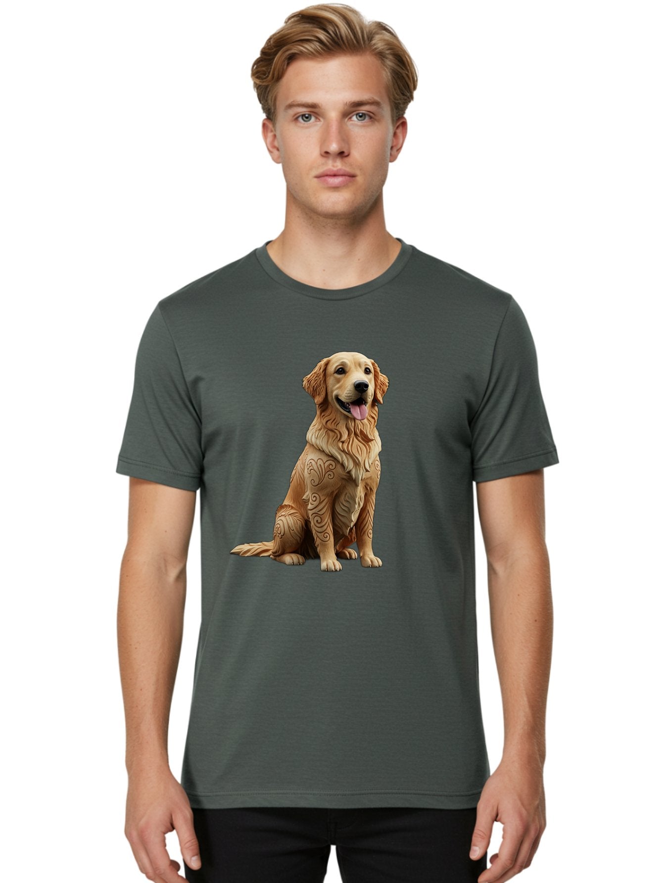 Golden-Retriever-2 Men'S Graphic Tee, 100% Cotton, Comfortable Casual Summer Wear, Machine Washable, Golden Retriever Dog, Carved Wooden Dog, Intricate Designs, Carved Patterns, Wooden Texture, Dog Figurine, Sitting Dog, Happy Dog, Bab976 20