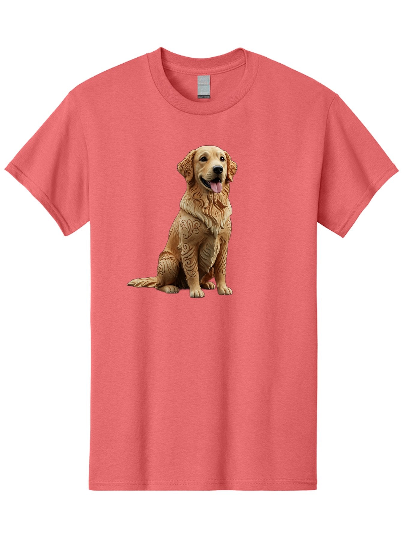 Golden-Retriever-2 Men'S Graphic Tee, 100% Cotton, Comfortable Casual Summer Wear, Machine Washable, Golden Retriever Dog, Carved Wooden Dog, Intricate Designs, Carved Patterns, Wooden Texture, Dog Figurine, Sitting Dog, Happy Dog, Bab976 5
