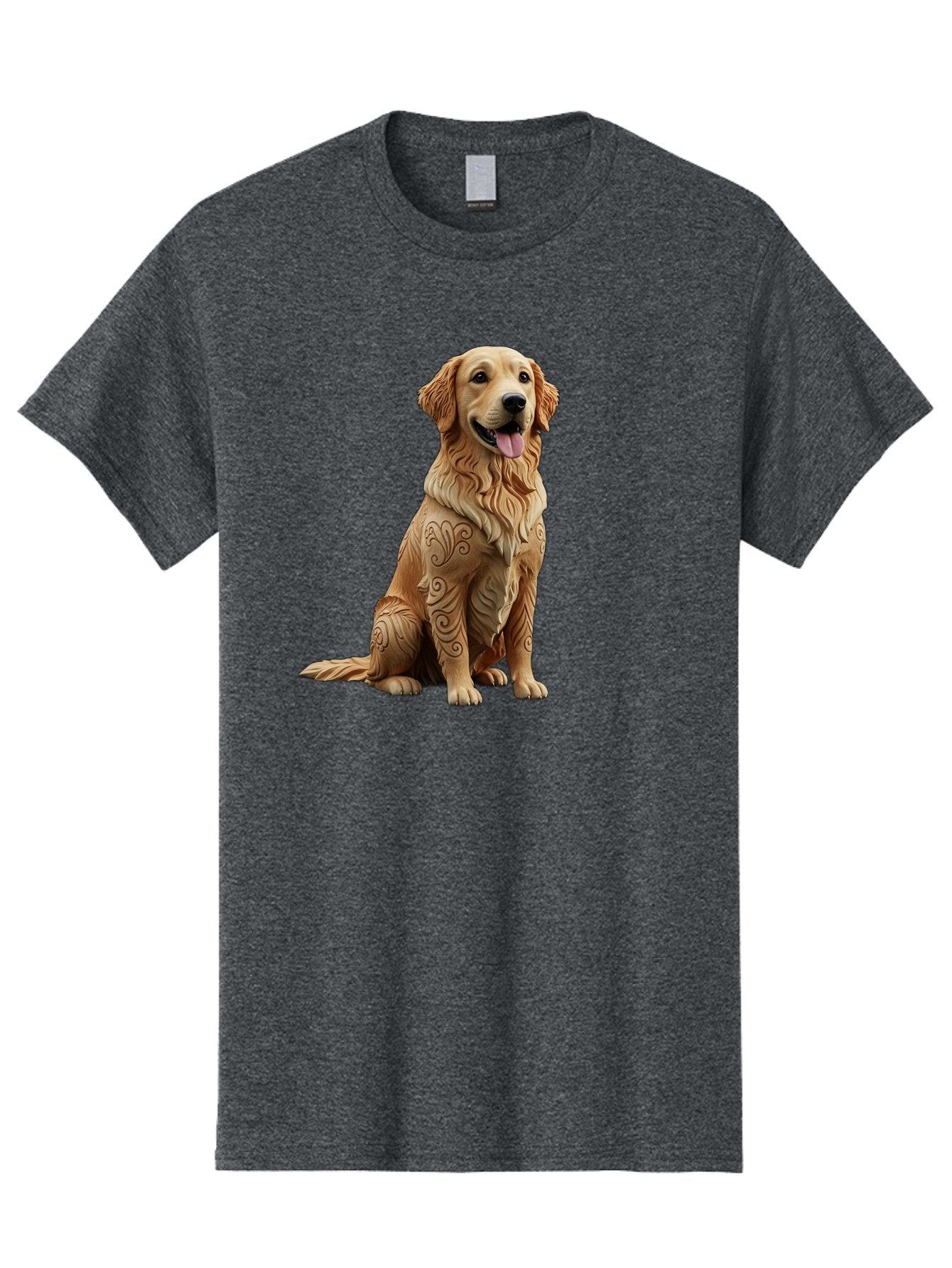 Golden-Retriever-2 Men'S Graphic Tee, 100% Cotton, Comfortable Casual Summer Wear, Machine Washable, Golden Retriever Dog, Carved Wooden Dog, Intricate Designs, Carved Patterns, Wooden Texture, Dog Figurine, Sitting Dog, Happy Dog, Bab976