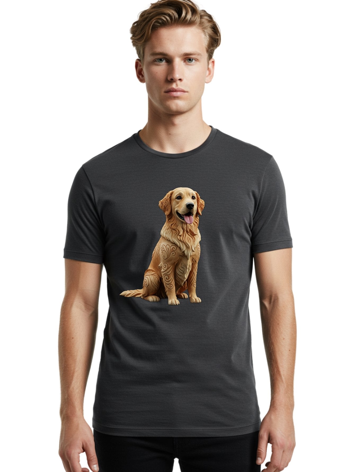 Golden-Retriever-2 Men'S Graphic Tee, 100% Cotton, Comfortable Casual Summer Wear, Machine Washable, Golden Retriever Dog, Carved Wooden Dog, Intricate Designs, Carved Patterns, Wooden Texture, Dog Figurine, Sitting Dog, Happy Dog, Bab976 21