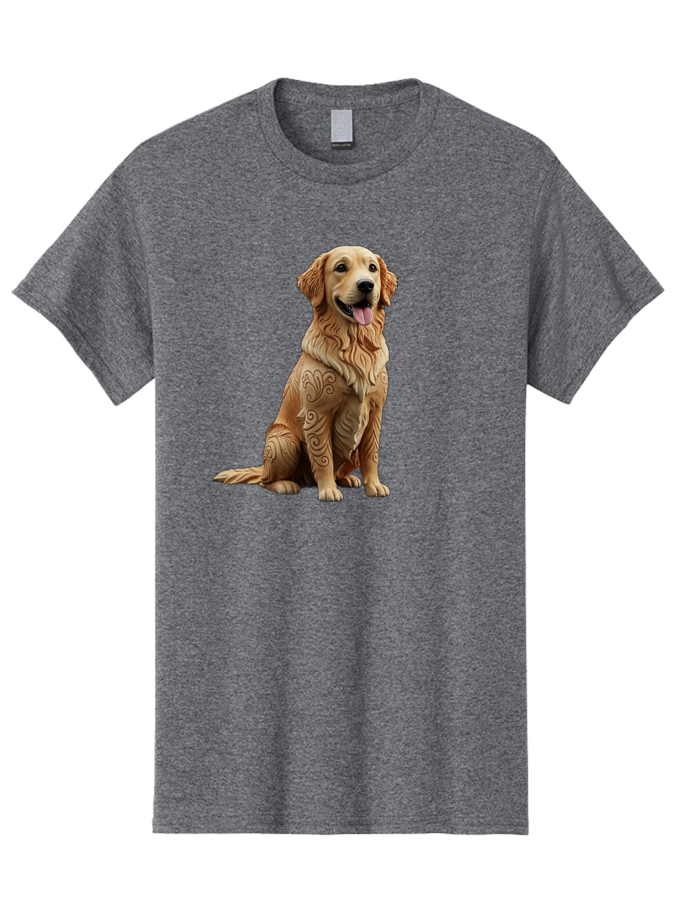 Golden-Retriever-2 Men'S Graphic Tee, 100% Cotton, Comfortable Casual Summer Wear, Machine Washable, Golden Retriever Dog, Carved Wooden Dog, Intricate Designs, Carved Patterns, Wooden Texture, Dog Figurine, Sitting Dog, Happy Dog, Bab976 12