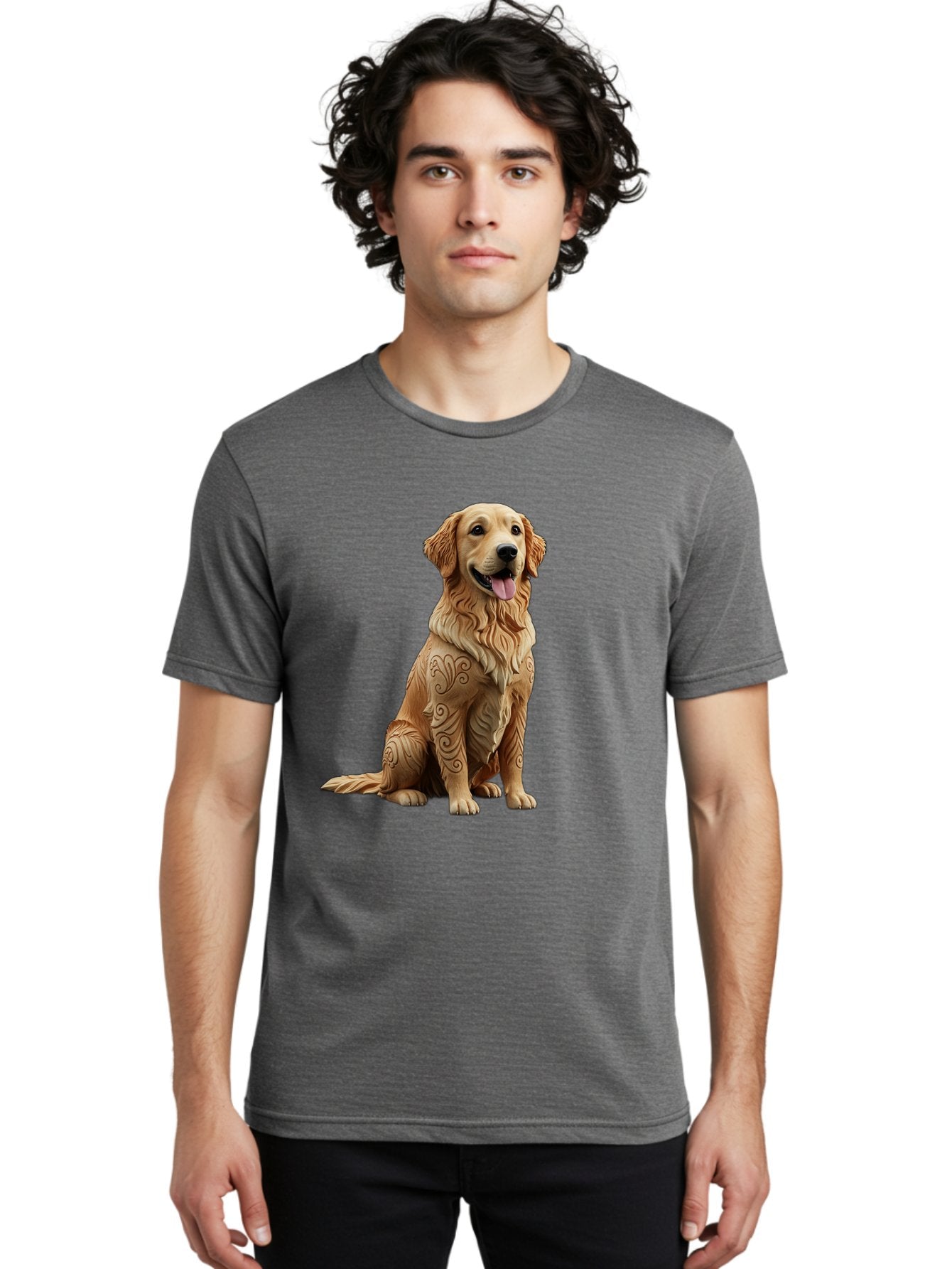 Golden-Retriever-2 Men'S Graphic Tee, 100% Cotton, Comfortable Casual Summer Wear, Machine Washable, Golden Retriever Dog, Carved Wooden Dog, Intricate Designs, Carved Patterns, Wooden Texture, Dog Figurine, Sitting Dog, Happy Dog, Bab976 28