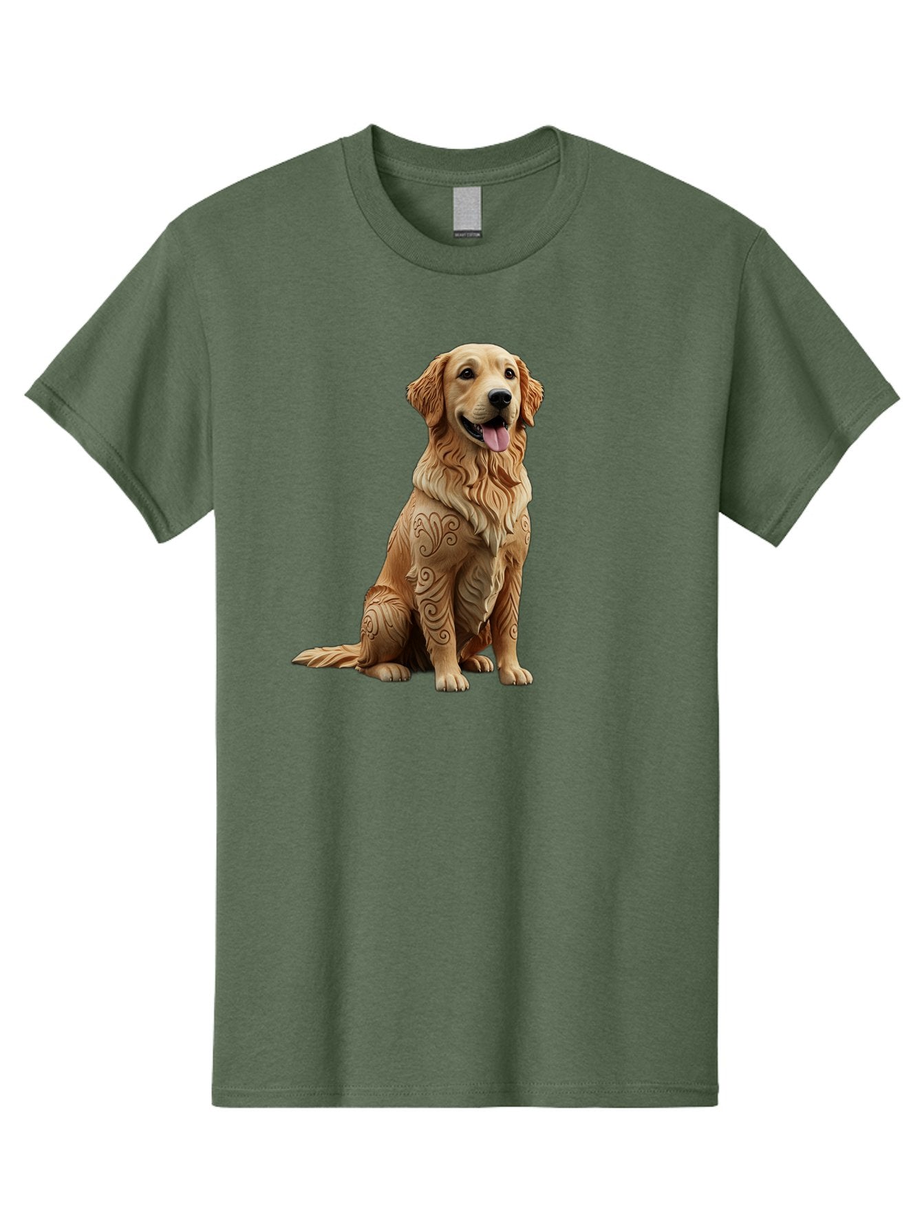 Golden-Retriever-2 Men'S Graphic Tee, 100% Cotton, Comfortable Casual Summer Wear, Machine Washable, Golden Retriever Dog, Carved Wooden Dog, Intricate Designs, Carved Patterns, Wooden Texture, Dog Figurine, Sitting Dog, Happy Dog, Bab976