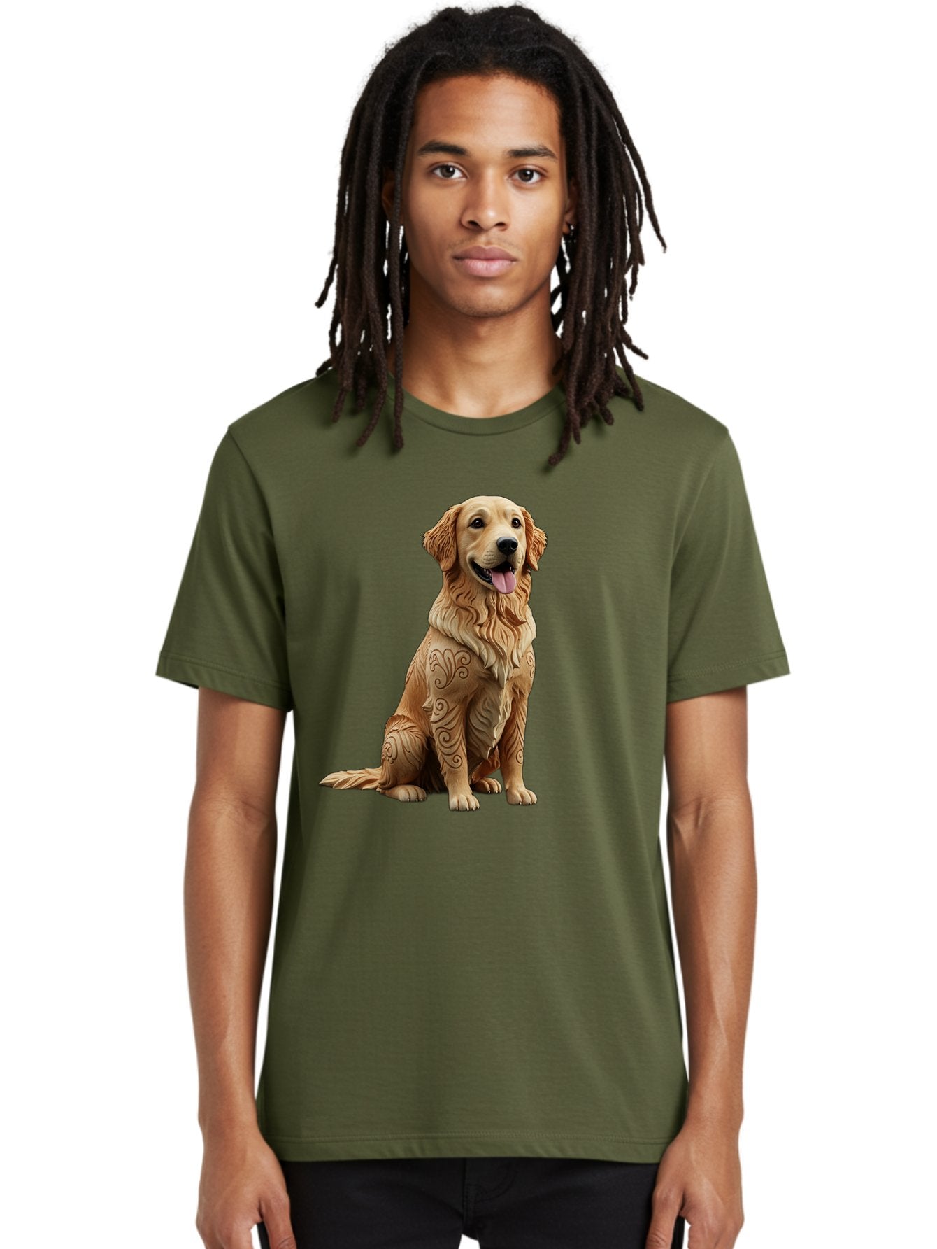 Golden-Retriever-2 Men'S Graphic Tee, 100% Cotton, Comfortable Casual Summer Wear, Machine Washable, Golden Retriever Dog, Carved Wooden Dog, Intricate Designs, Carved Patterns, Wooden Texture, Dog Figurine, Sitting Dog, Happy Dog, Bab976 19