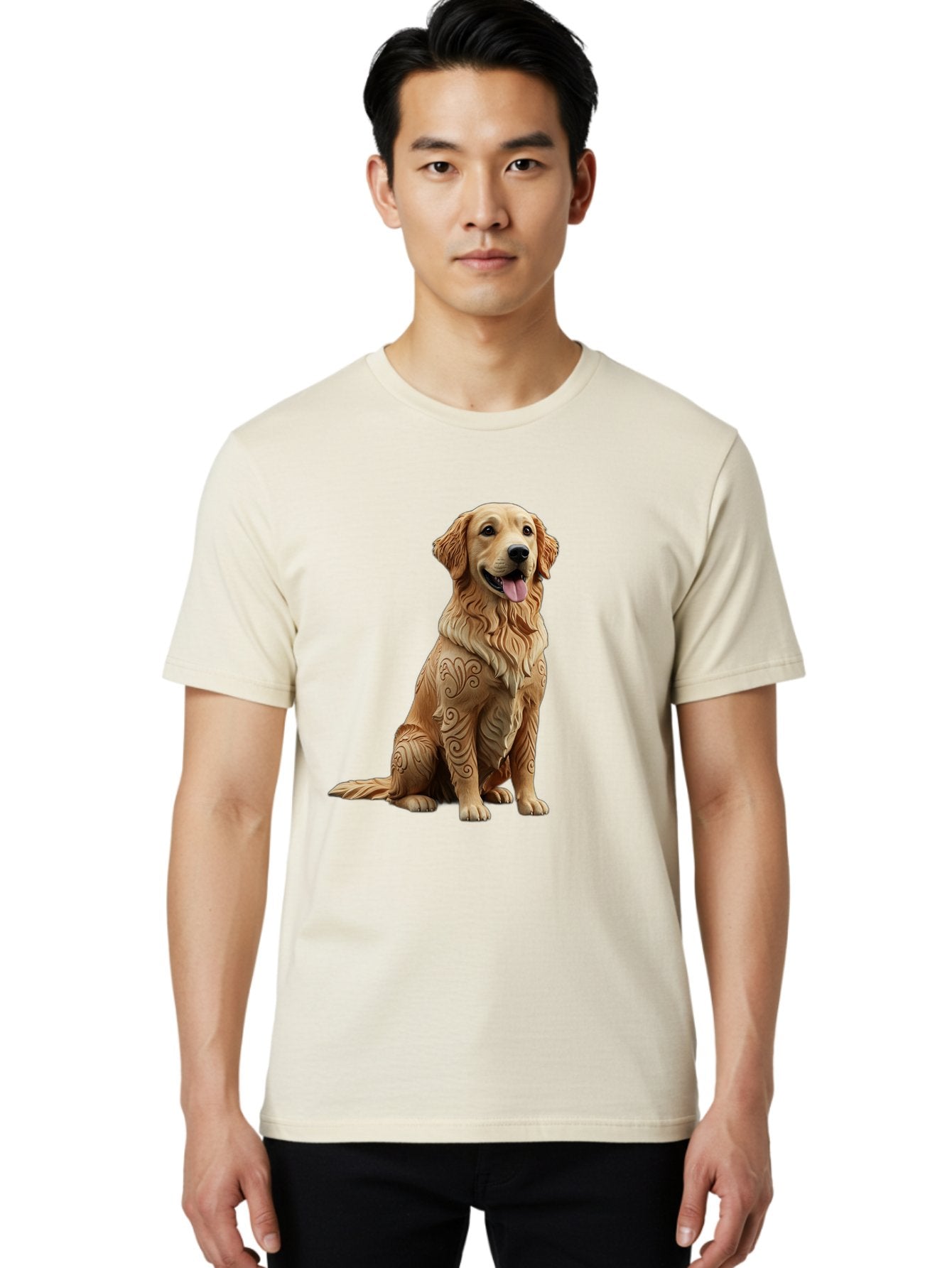 Golden-Retriever-2 Men'S Graphic Tee, 100% Cotton, Comfortable Casual Summer Wear, Machine Washable, Golden Retriever Dog, Carved Wooden Dog, Intricate Designs, Carved Patterns, Wooden Texture, Dog Figurine, Sitting Dog, Happy Dog, Bab976 27