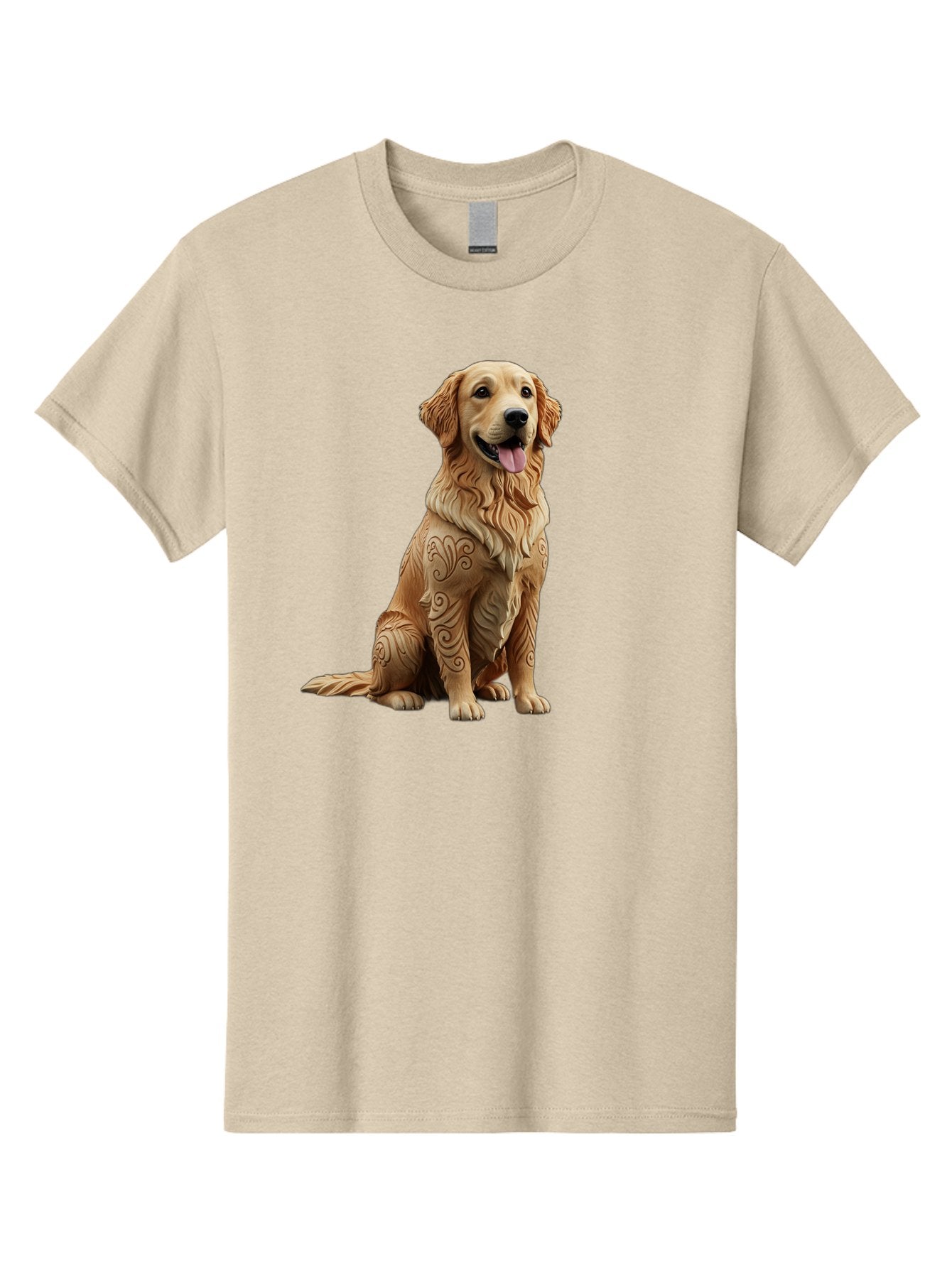 Golden-Retriever-2 Men'S Graphic Tee, 100% Cotton, Comfortable Casual Summer Wear, Machine Washable, Golden Retriever Dog, Carved Wooden Dog, Intricate Designs, Carved Patterns, Wooden Texture, Dog Figurine, Sitting Dog, Happy Dog, Bab976 10