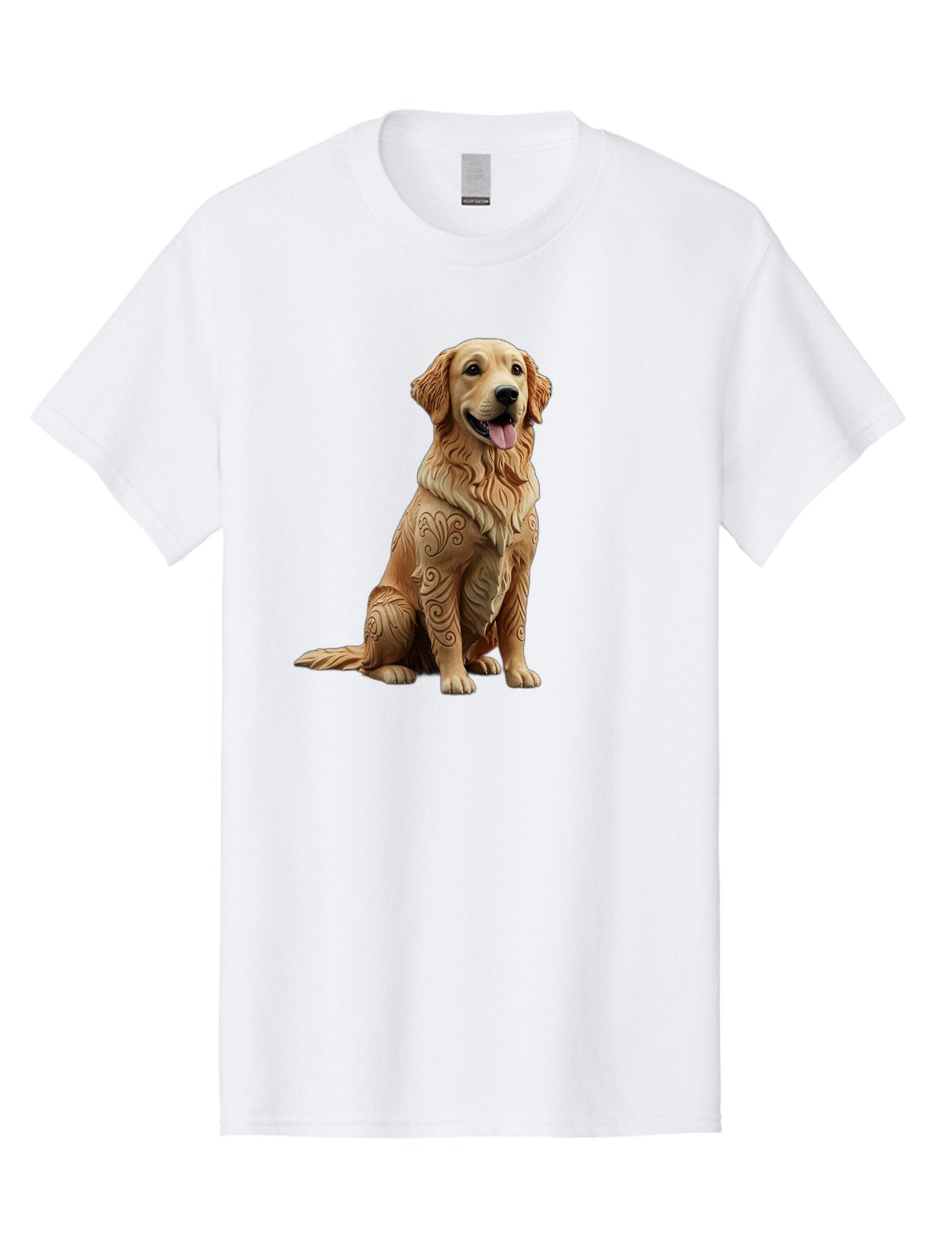 Golden-Retriever-2 Men'S Graphic Tee, 100% Cotton, Comfortable Casual Summer Wear, Machine Washable, Golden Retriever Dog, Carved Wooden Dog, Intricate Designs, Carved Patterns, Wooden Texture, Dog Figurine, Sitting Dog, Happy Dog, Bab976 6