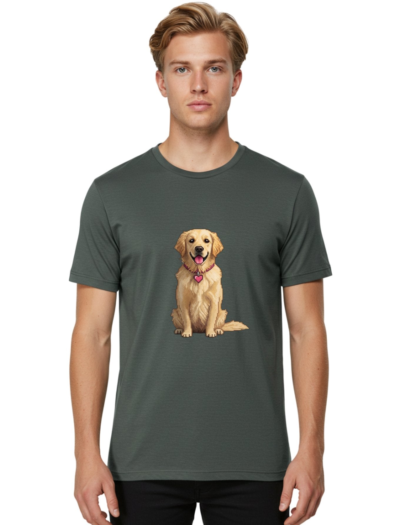 Golden-Retriever-5 Men'S Graphic Tee, 100% Cotton, Comfortable Casual Summer Wear, Machine Washable, Golden Retriever, Dog With Pink Heart Tag, Sitting Dog, Cute Canine, Pet Portrait, Furry Friend, Heartwarming Scene, Lovable Dog, Adorable Pet Bab979 17