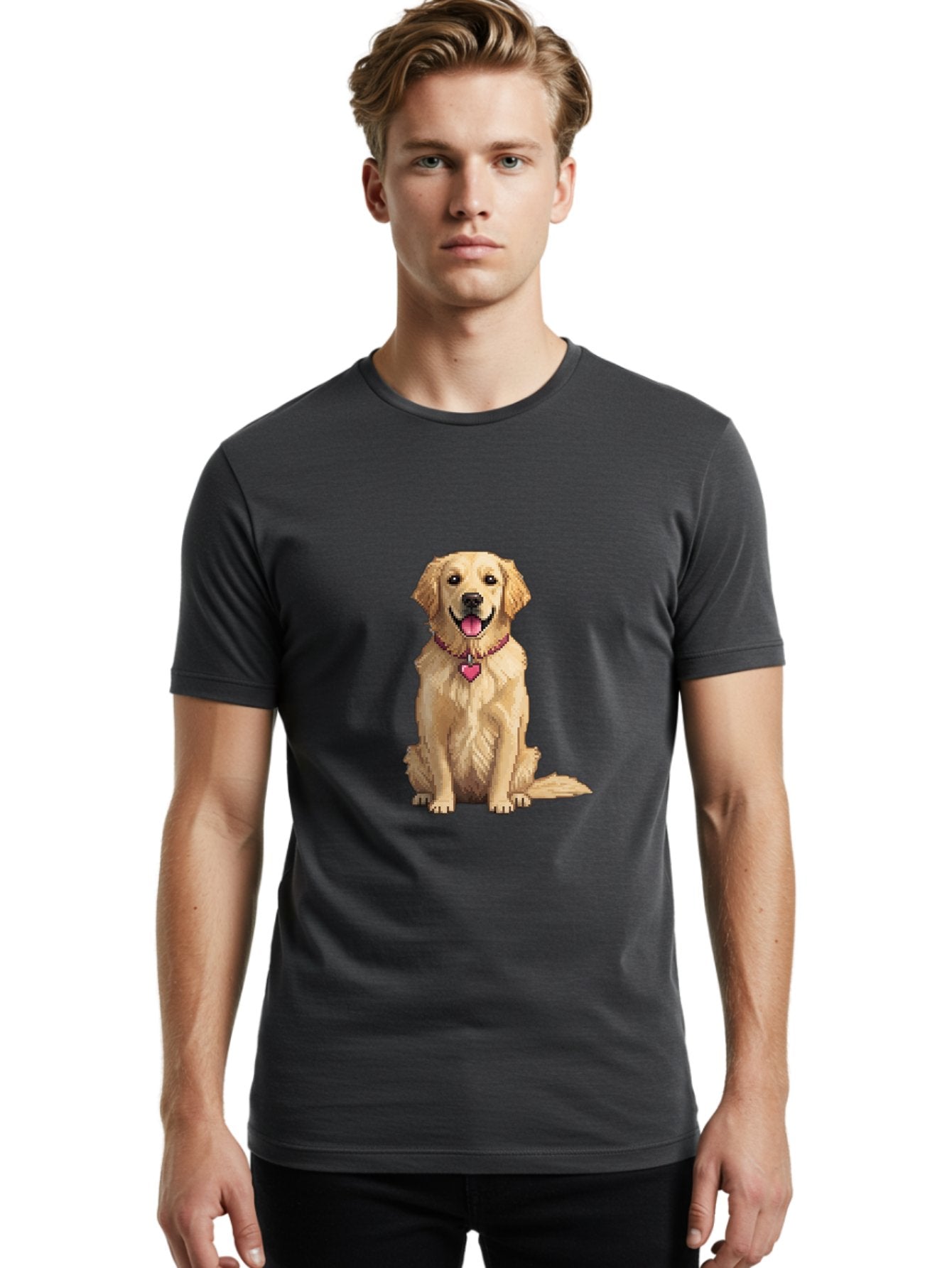 Golden-Retriever-5 Men'S Graphic Tee, 100% Cotton, Comfortable Casual Summer Wear, Machine Washable, Golden Retriever, Dog With Pink Heart Tag, Sitting Dog, Cute Canine, Pet Portrait, Furry Friend, Heartwarming Scene, Lovable Dog, Adorable Pet Bab979 23