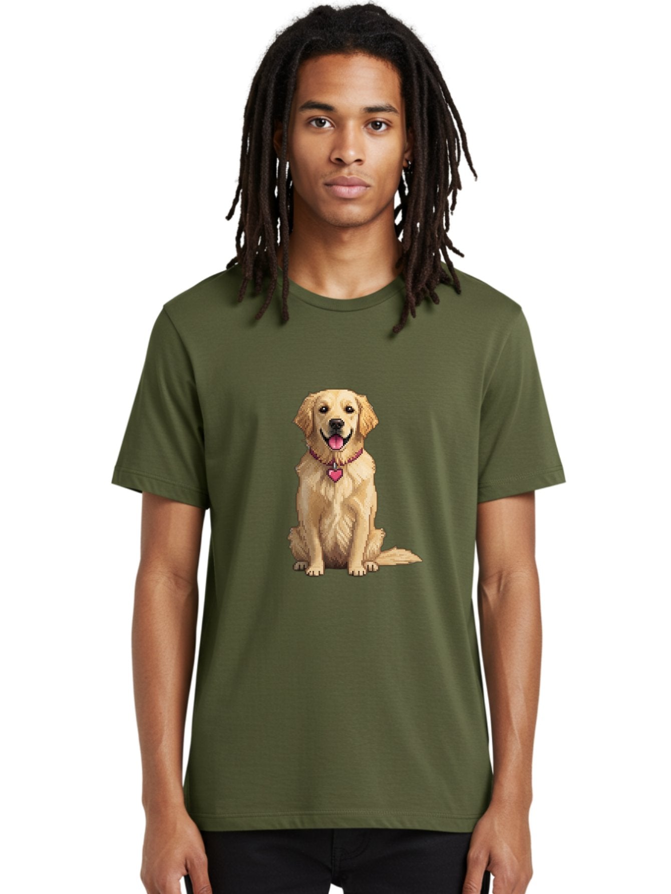 Golden-Retriever-5 Men'S Graphic Tee, 100% Cotton, Comfortable Casual Summer Wear, Machine Washable, Golden Retriever, Dog With Pink Heart Tag, Sitting Dog, Cute Canine, Pet Portrait, Furry Friend, Heartwarming Scene, Lovable Dog, Adorable Pet Bab979 28