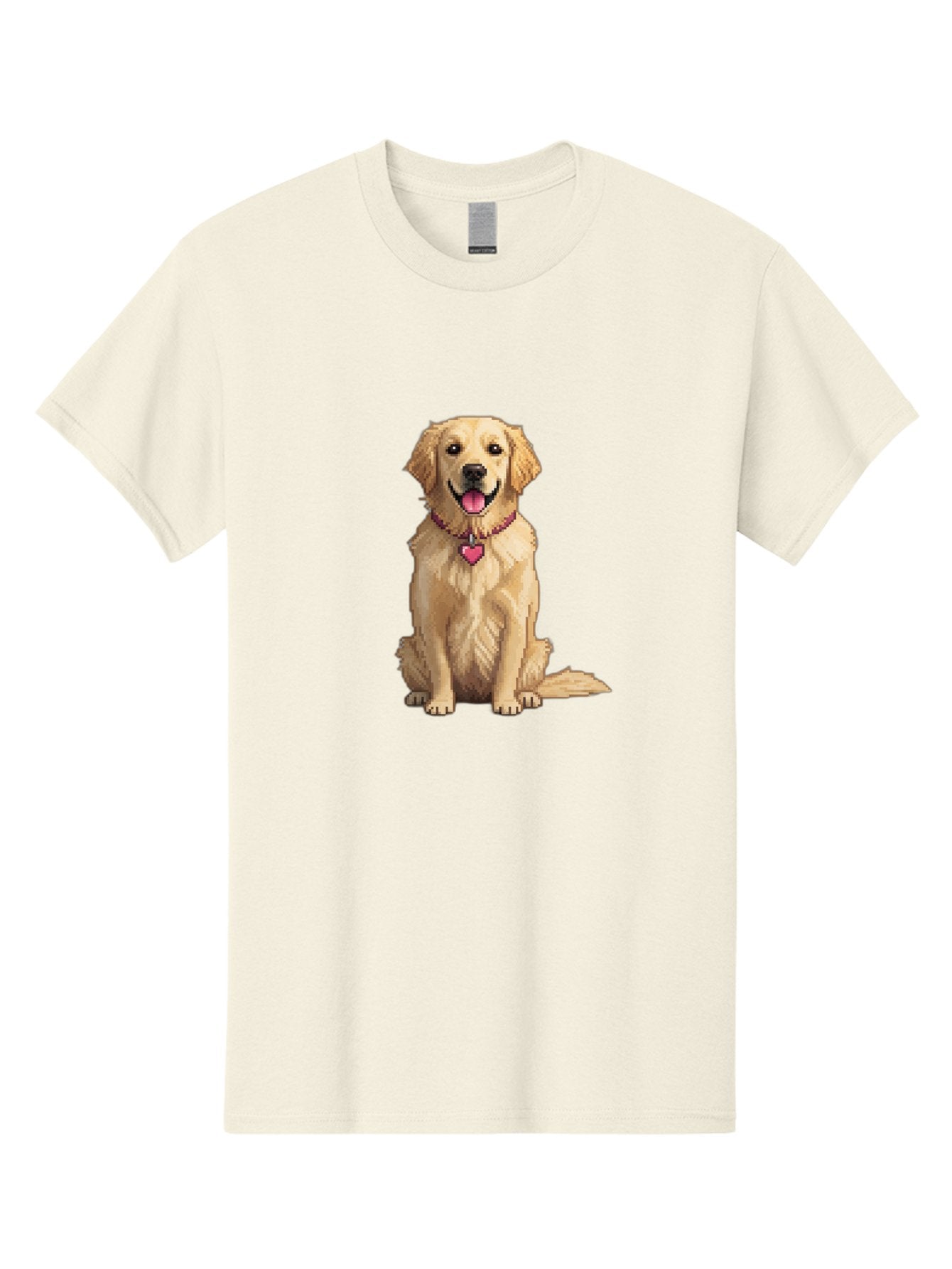 Golden-Retriever-5 Men'S Graphic Tee, 100% Cotton, Comfortable Casual Summer Wear, Machine Washable, Golden Retriever, Dog With Pink Heart Tag, Sitting Dog, Cute Canine, Pet Portrait, Furry Friend, Heartwarming Scene, Lovable Dog, Adorable Pet Bab979