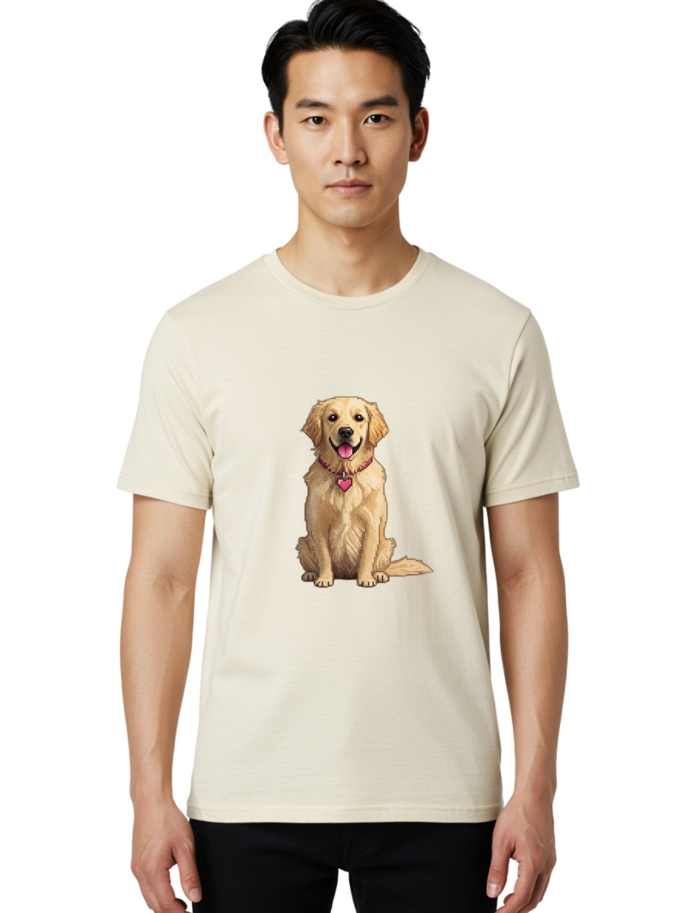 Golden-Retriever-5 Men'S Graphic Tee, 100% Cotton, Comfortable Casual Summer Wear, Machine Washable, Golden Retriever, Dog With Pink Heart Tag, Sitting Dog, Cute Canine, Pet Portrait, Furry Friend, Heartwarming Scene, Lovable Dog, Adorable Pet Bab979 21