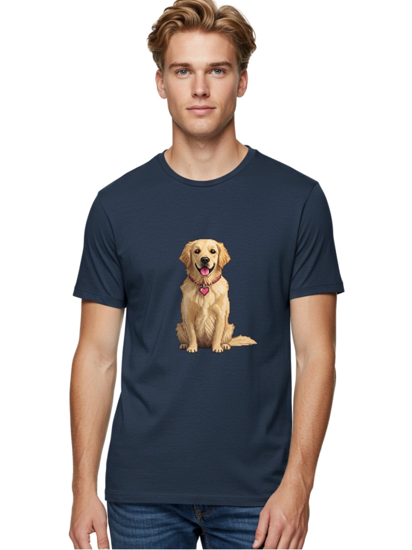 Golden-Retriever-5 Men'S Graphic Tee, 100% Cotton, Comfortable Casual Summer Wear, Machine Washable, Golden Retriever, Dog With Pink Heart Tag, Sitting Dog, Cute Canine, Pet Portrait, Furry Friend, Heartwarming Scene, Lovable Dog, Adorable Pet Bab979 24