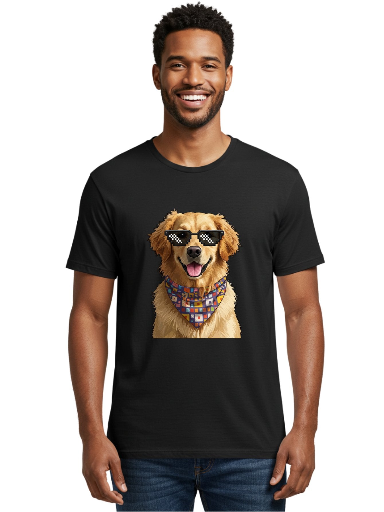 Golden-Retriever-6 Men'S Graphic Tee, 100% Cotton, Comfortable Casual Summer Wear, Machine Washable, Happy Golden Retriever, Cool Dog, Sunglasses, Checkered Pattern, Bandana, Colorful, Fun, Playful, Cute, Furry Friend, Dog Lover, Bab980 18