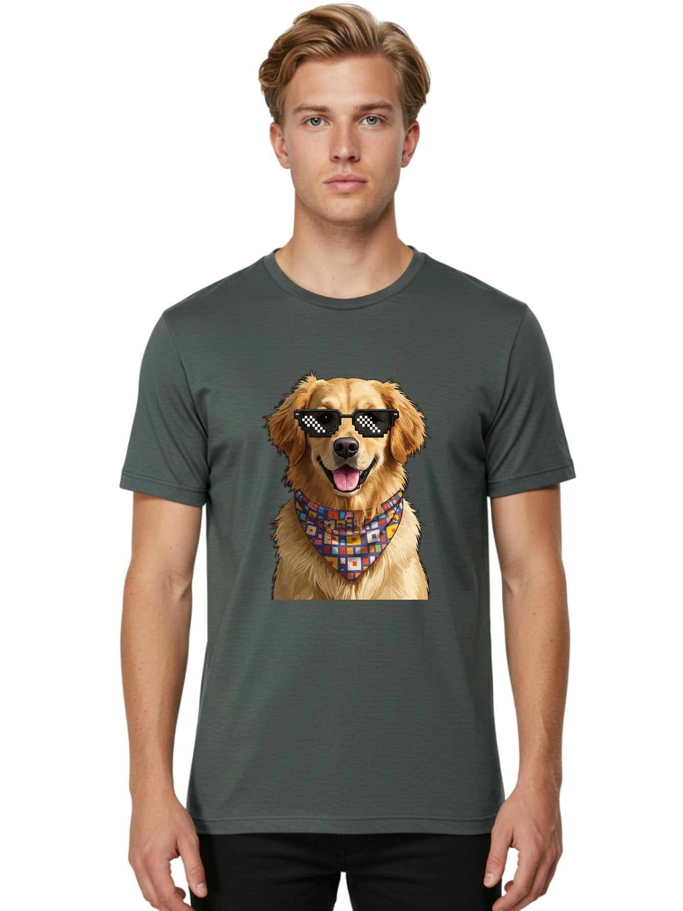 Golden-Retriever-6 Men'S Graphic Tee, 100% Cotton, Comfortable Casual Summer Wear, Machine Washable, Happy Golden Retriever, Cool Dog, Sunglasses, Checkered Pattern, Bandana, Colorful, Fun, Playful, Cute, Furry Friend, Dog Lover, Bab980 30
