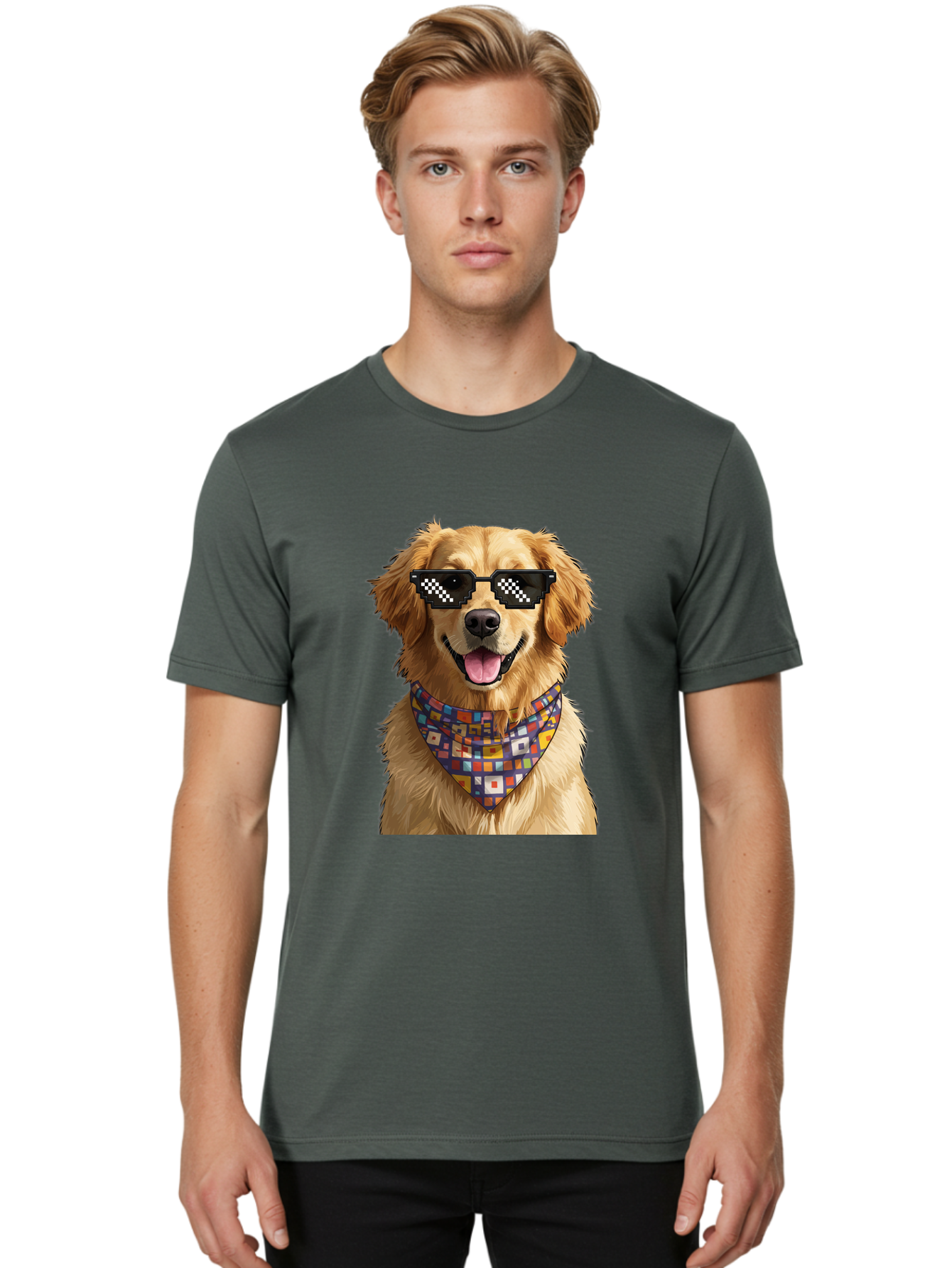 Golden-Retriever-6 Men'S Graphic Tee, 100% Cotton, Comfortable Casual Summer Wear, Machine Washable, Happy Golden Retriever, Cool Dog, Sunglasses, Checkered Pattern, Bandana, Colorful, Fun, Playful, Cute, Furry Friend, Dog Lover, Bab980 16